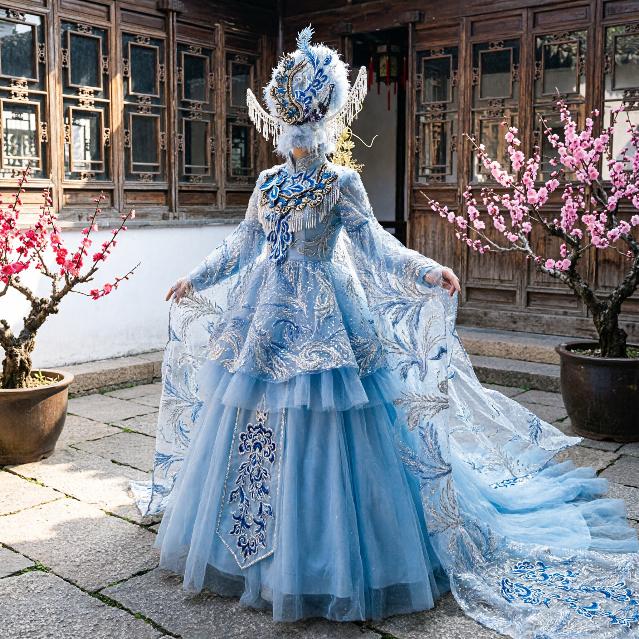 Traditional Chinese Blue Opera Goddess Costume with Sequin Embroidery, Long Train, and Headdress for Stage Performance - Asian Costume