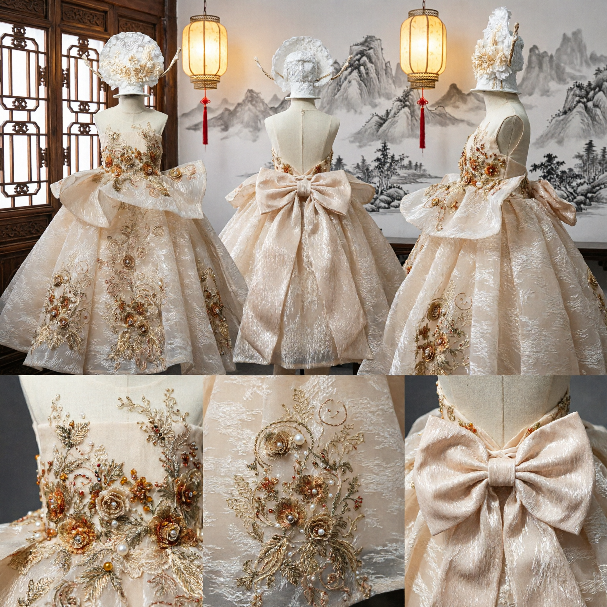 Elegant Kids Girls Champagne Flower Girl Dress with Big Bow Traditional Chinese Embroidery Wedding Gown - Asian Costume