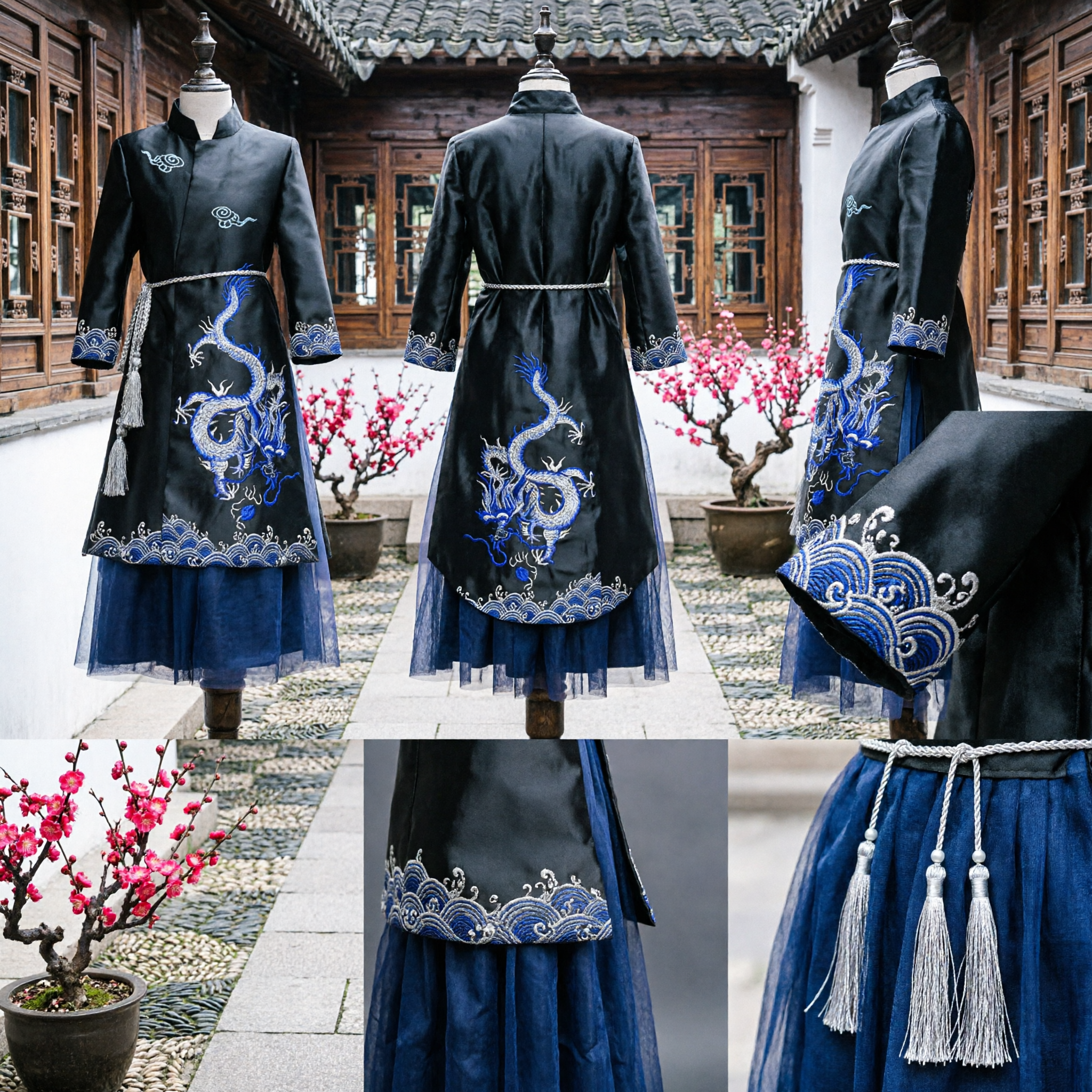 Traditional Chinese Ancient Swordsman Costume Men's Black Dragon Embroidery Robe Martial Arts Tang Suit Hanfu - Asian Costume