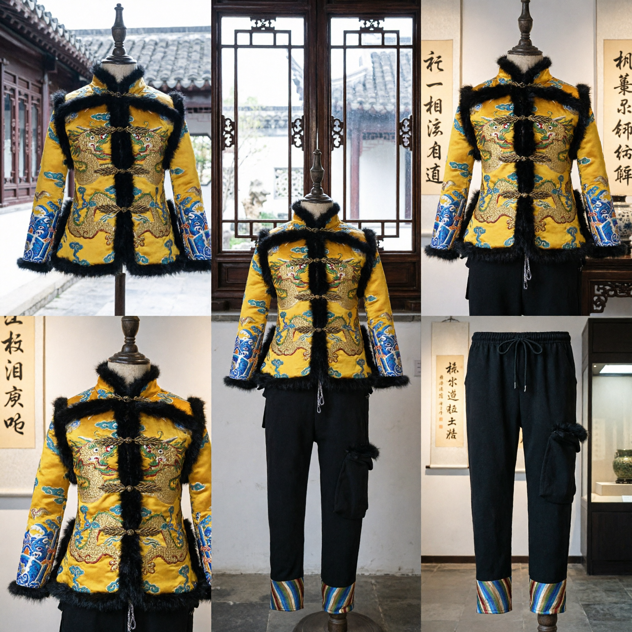 Men's Traditional Chinese Yellow Dragon Embroidered Tang Suit with Fur Trim for Festivals and Performances - Asian Costume