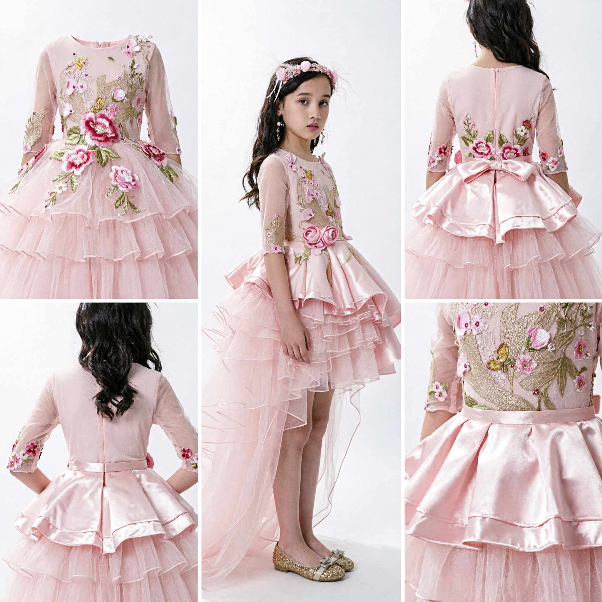 Kids Pink Floral Embroidery High-Low Tulle Dress for Flower Girl Pageant Wedding Party Formal Gown - Asian Costume