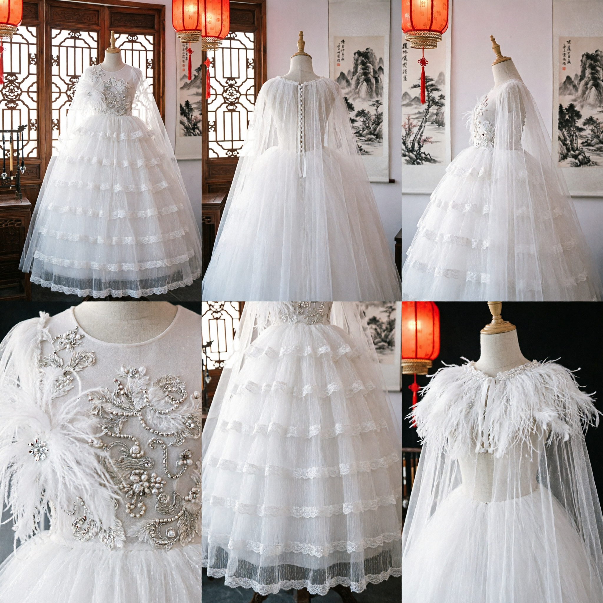 Elegant White First Holy Communion Dress for Girls with Sequin Bodice Feather Detail and Tulle Cape Gown - Asian Costume