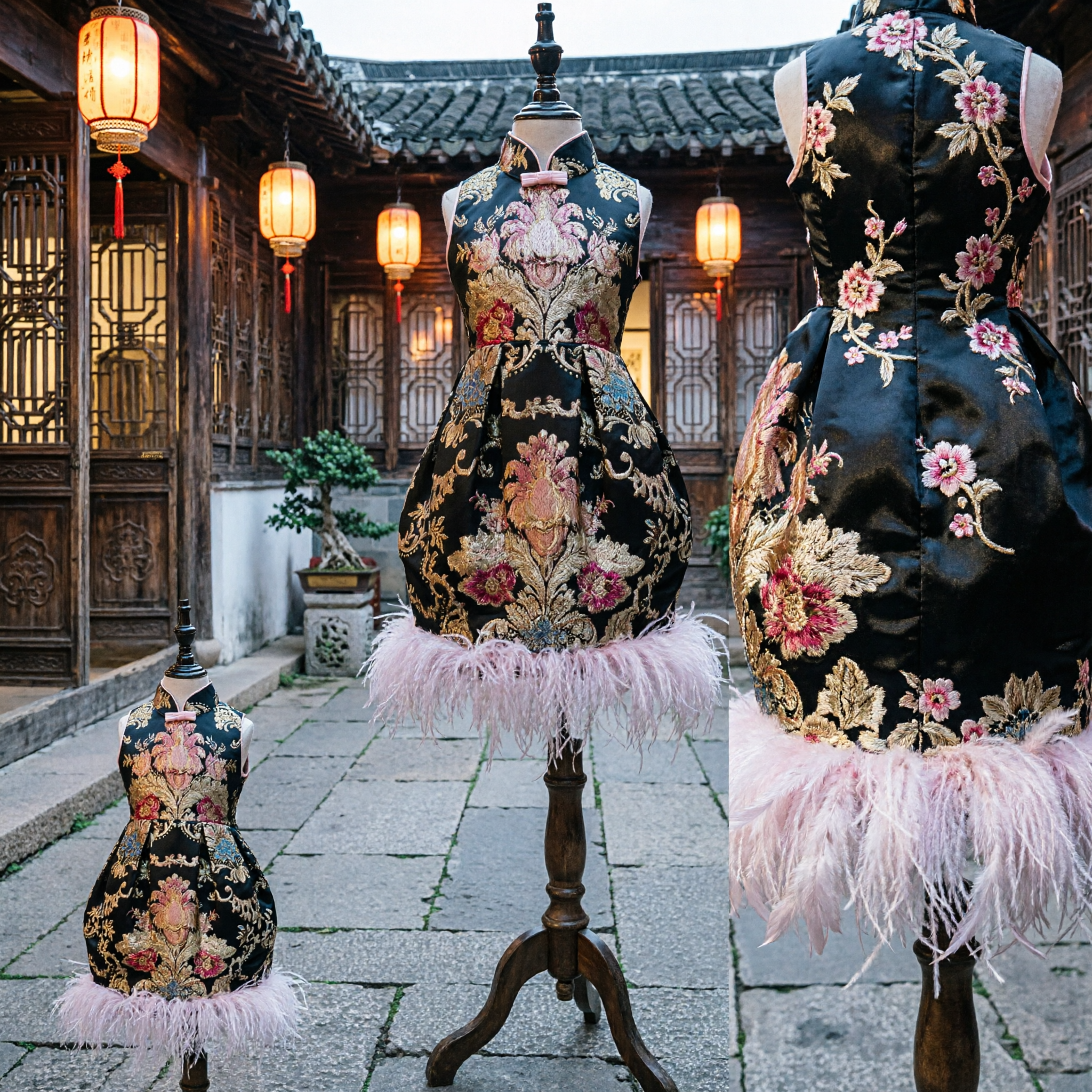 Girls Black Gold Embroidered Cheongsam Dress with Pink Feather Trim Traditional Chinese Qipao Costume - Asian Costume