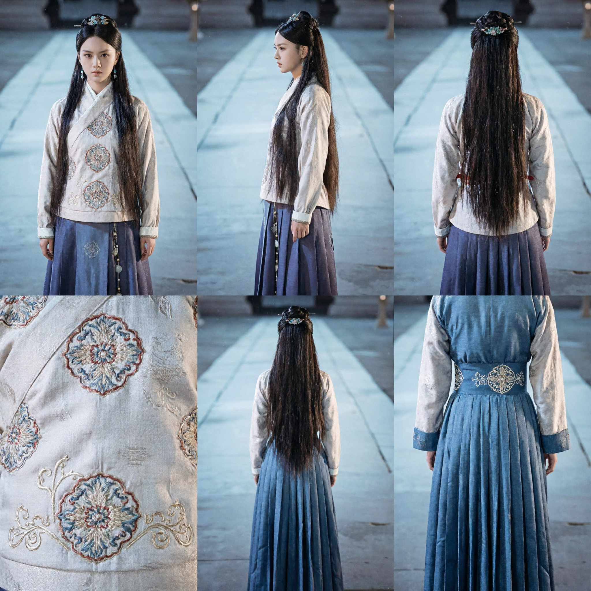 Elegant Ming Dynasty Hanfu Set Women's Ancient Chinese Costume White Embroidered Jacket Blue Pleated Skirt - Asian Costume