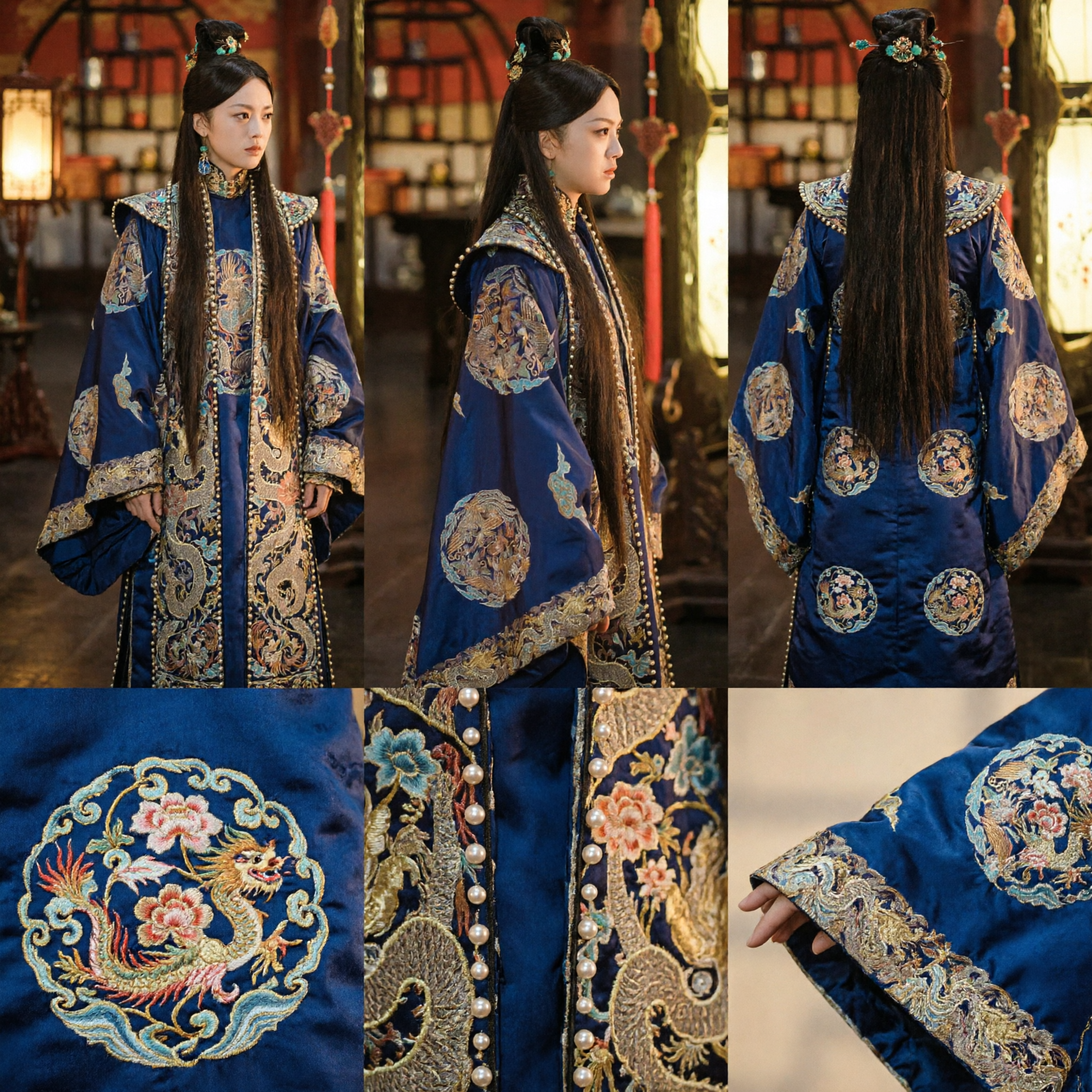 Royal Blue Ming Dynasty Traditional Hanfu Dress with Gold Dragon Embroidery Ancient Chinese Historical Costume for Women - Asian Costume