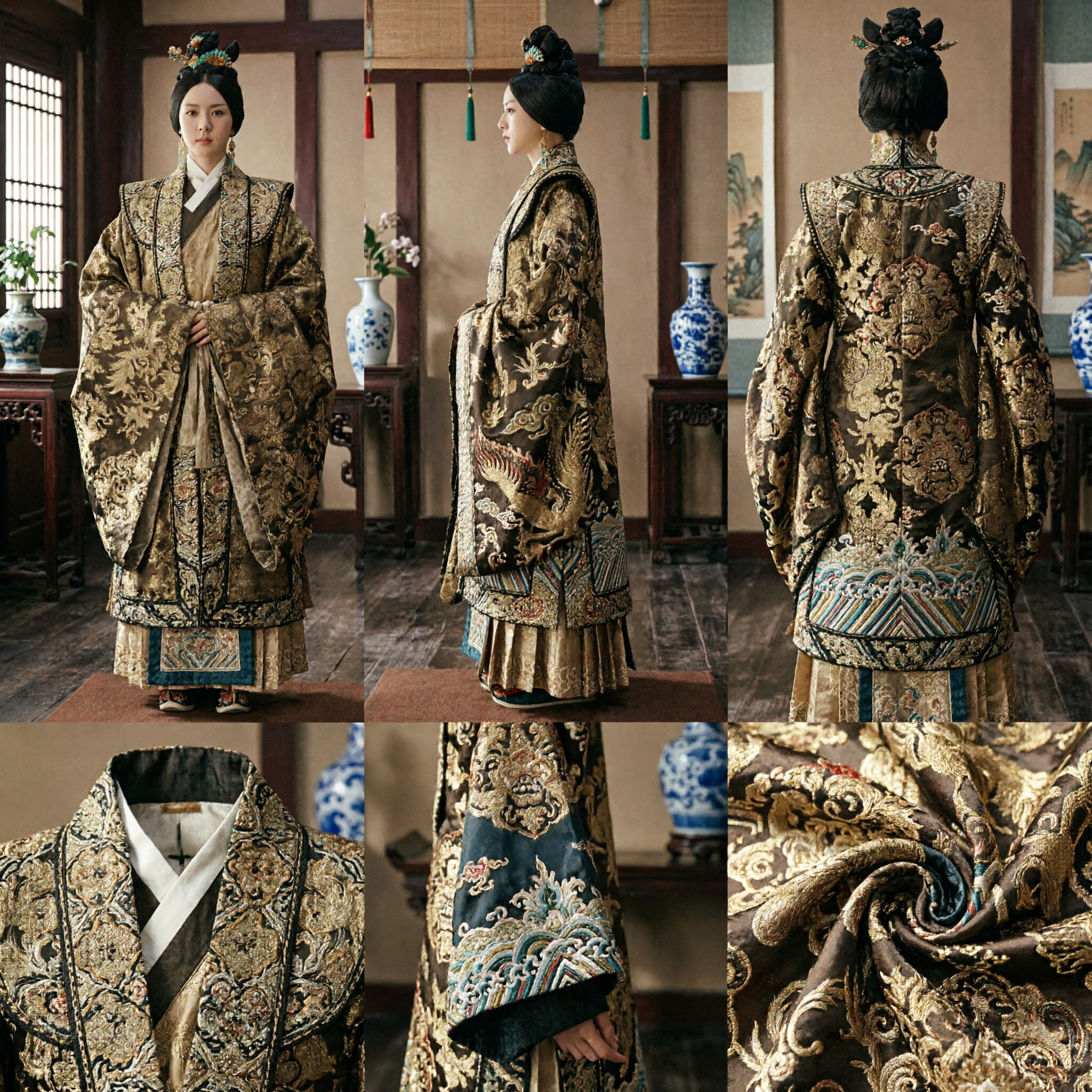 Ancient Chinese Traditional Hanfu Costume Ming Dynasty Empress Dark Gold Brocade Robe for Women - Asian Costume