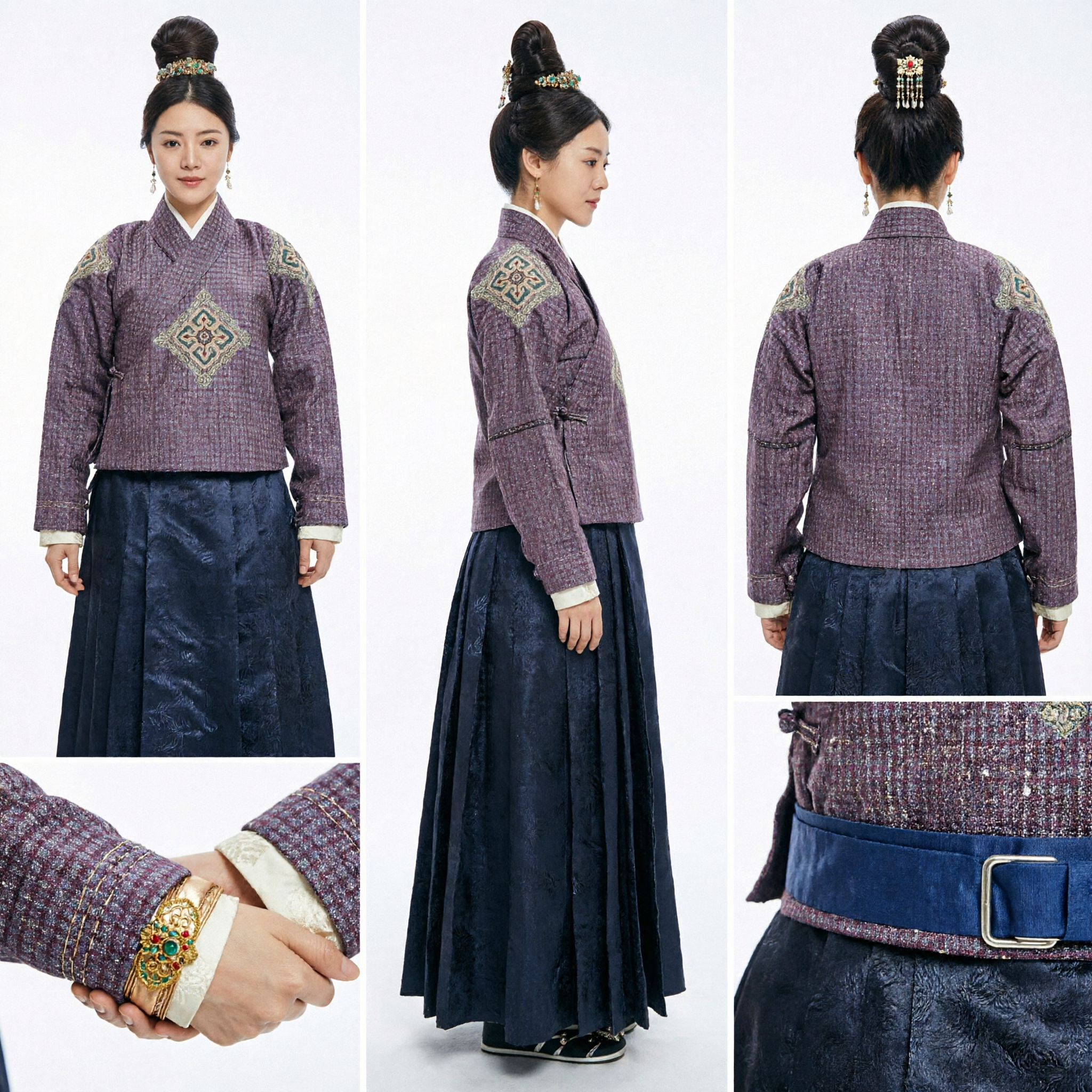Traditional Korean Hanbok Palace Lady Costume Purple Embroidered Jeogori and Dark Chima for Women - Asian Costume