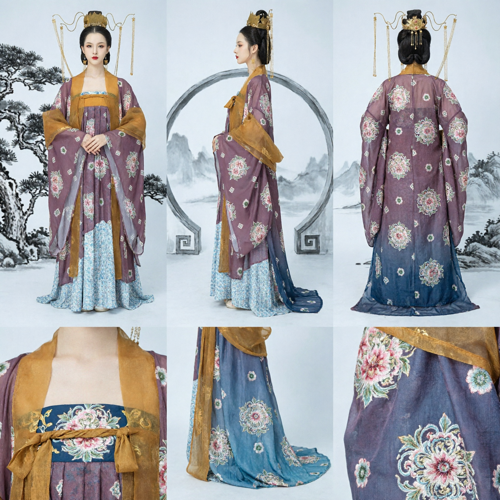 Elegant Chinese Tang Dynasty Hanfu Qixiong Ruqun Purple Floral Dress and Golden Crown Set for Women - Asian Costume
