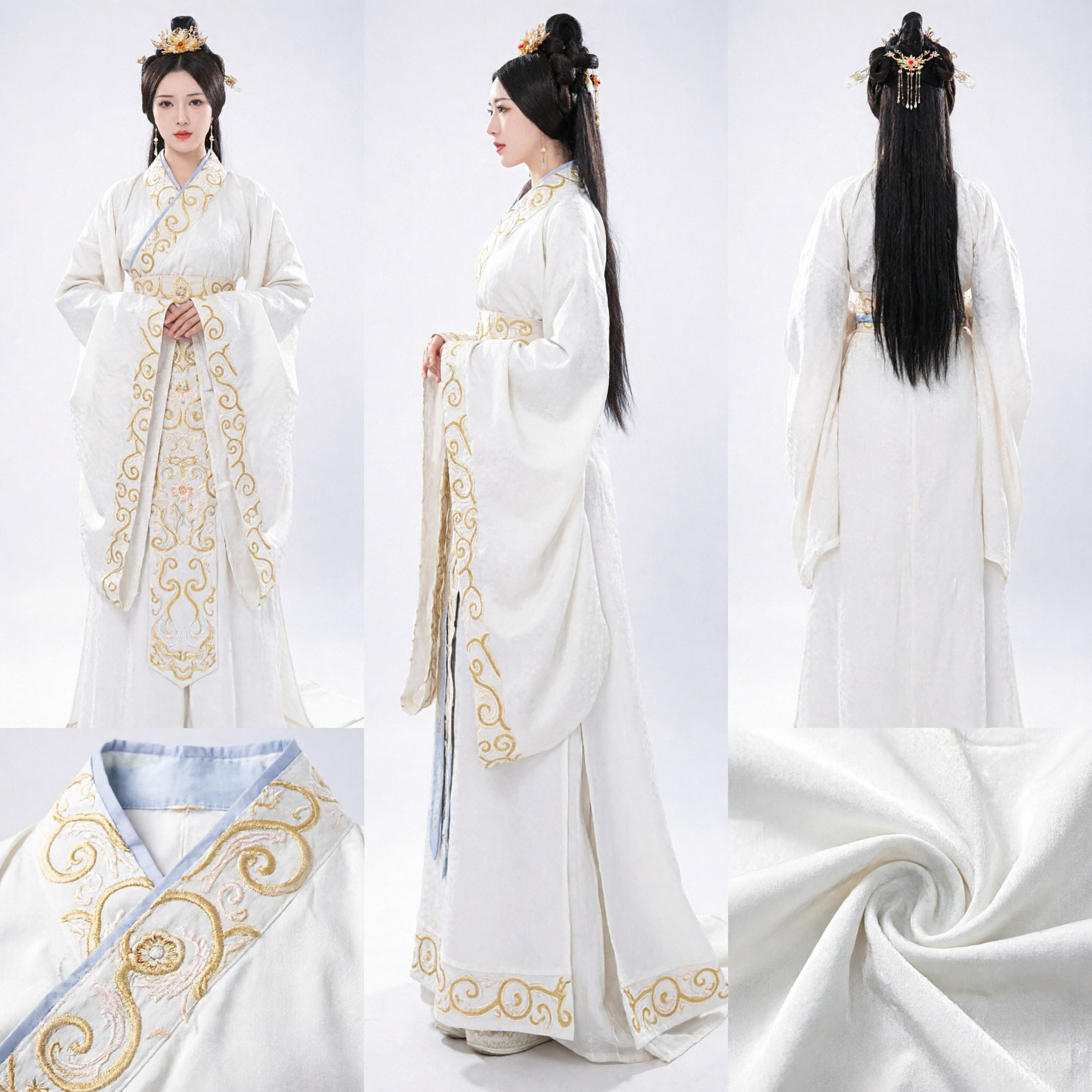 Ancient Chinese Princess Hanfu White Wide Sleeve Robe with Gold Embroidery Traditional Costume for Women - Asian Costume
