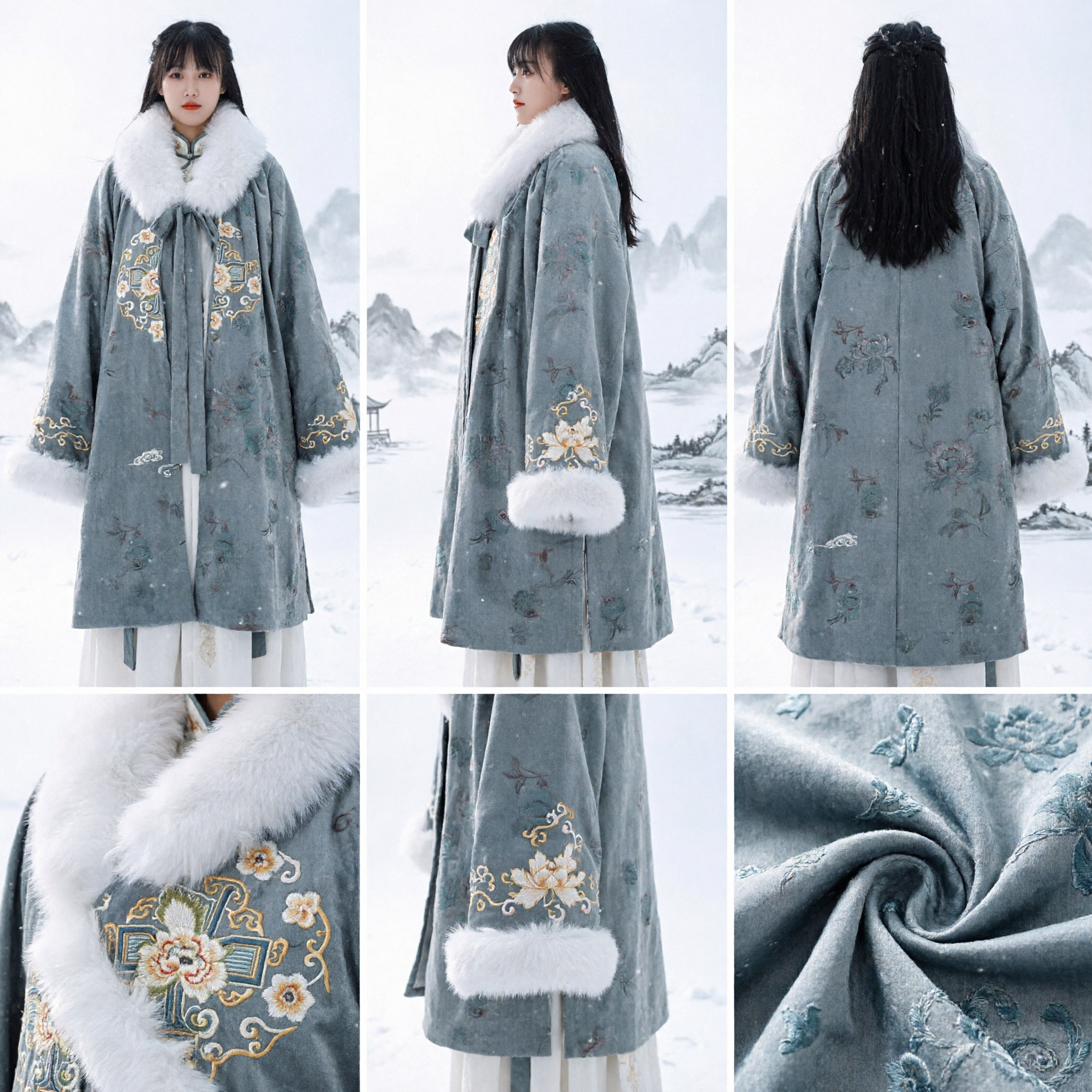 Traditional Chinese Hanfu Winter Cloak for Women Teal Floral Cape with Thick White Fur Collar Ancient Costume - Asian Costume