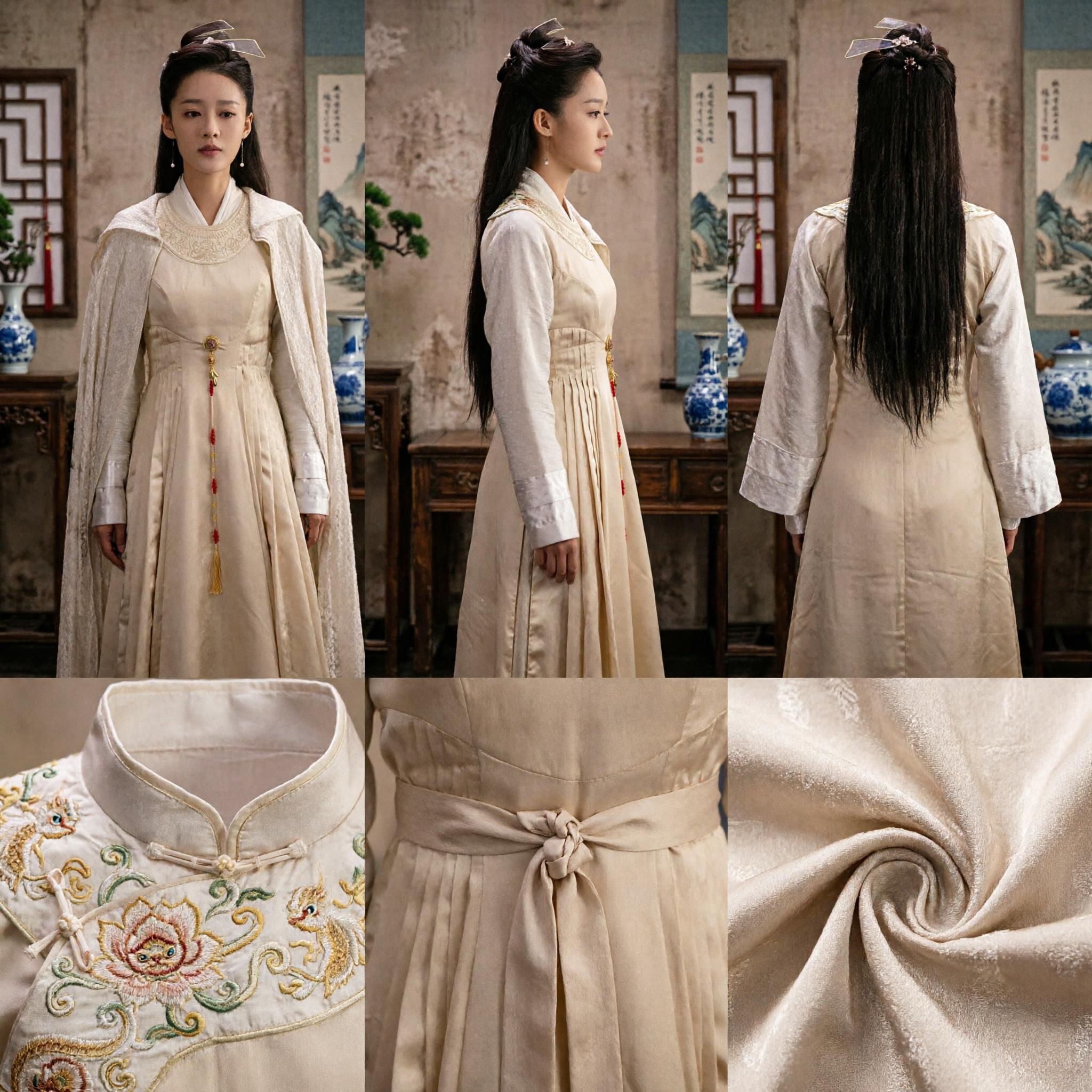 Traditional Cream Chinese Hanfu Costume Women Ancient Princess Dress Historical Drama Cosplay Outfit with Cloak - Asian Costume