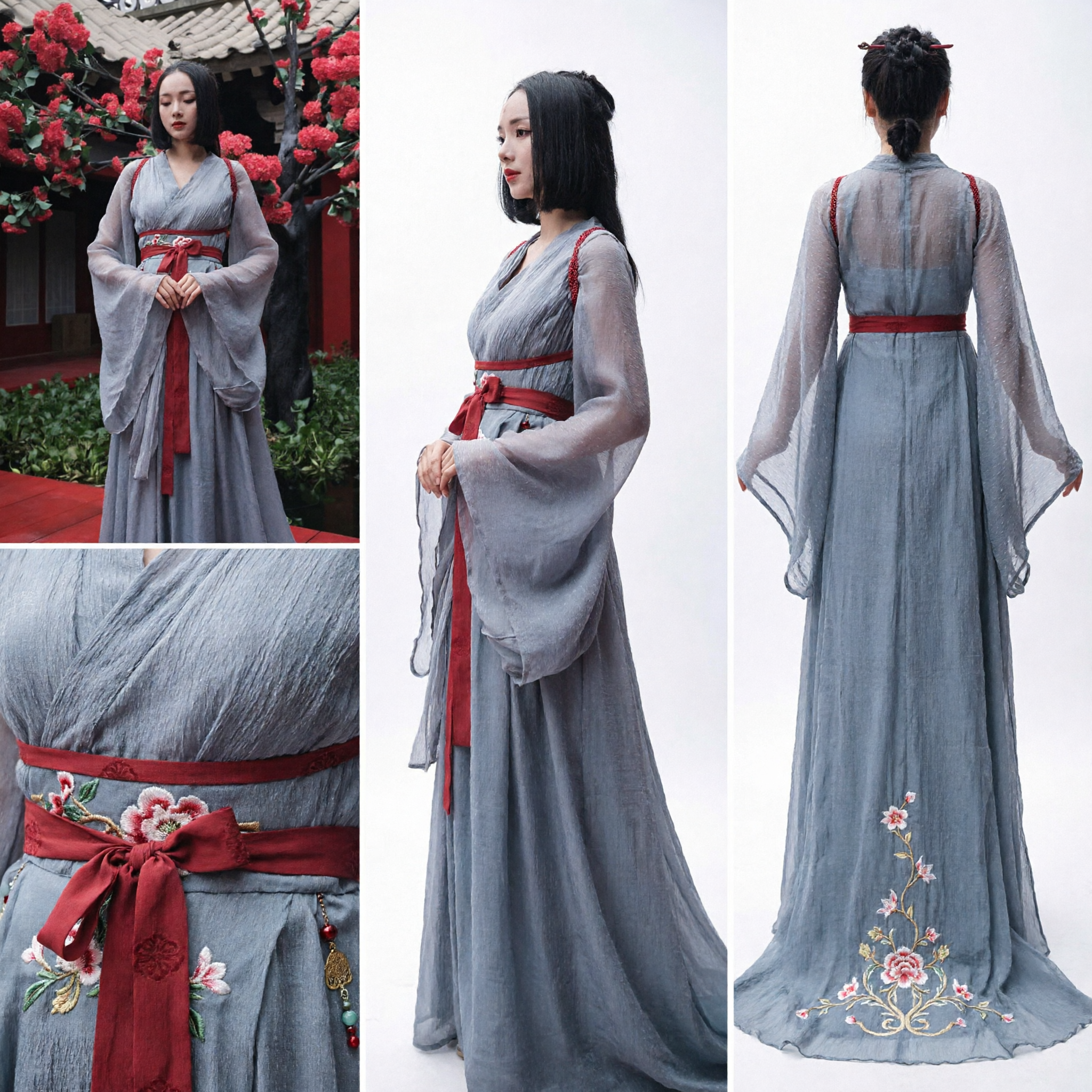 Traditional Chinese Hanfu Ancient Palace Lady Costume Grey Long Dress with Red Sash for Women - Asian Costume
