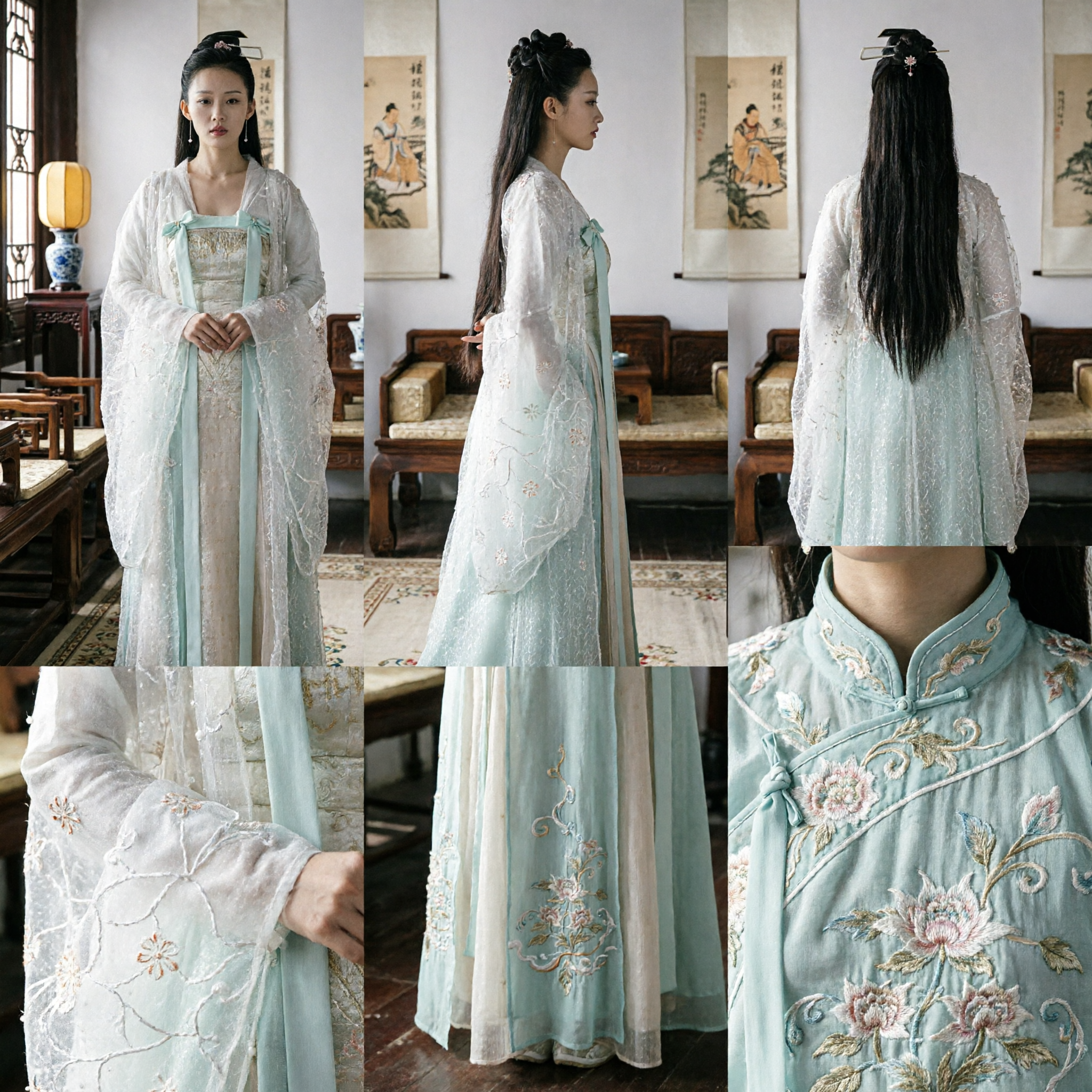 Women's Chinese Ancient Hanfu Costume Traditional Song Dynasty Style Drama Replica Elegant White Sheer Outer Robe Set - Asian Costume