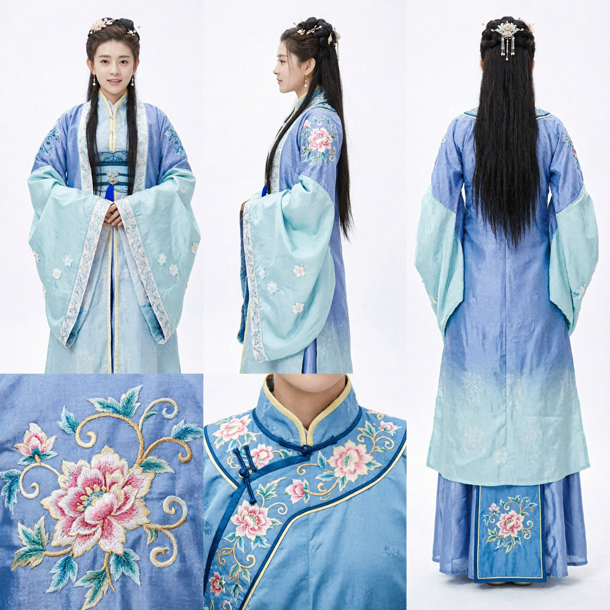 Traditional Chinese Hanfu Ancient Costume Blue Embroidered Wide Sleeve Dress for Women Period Drama Cosplay - Asian Costume
