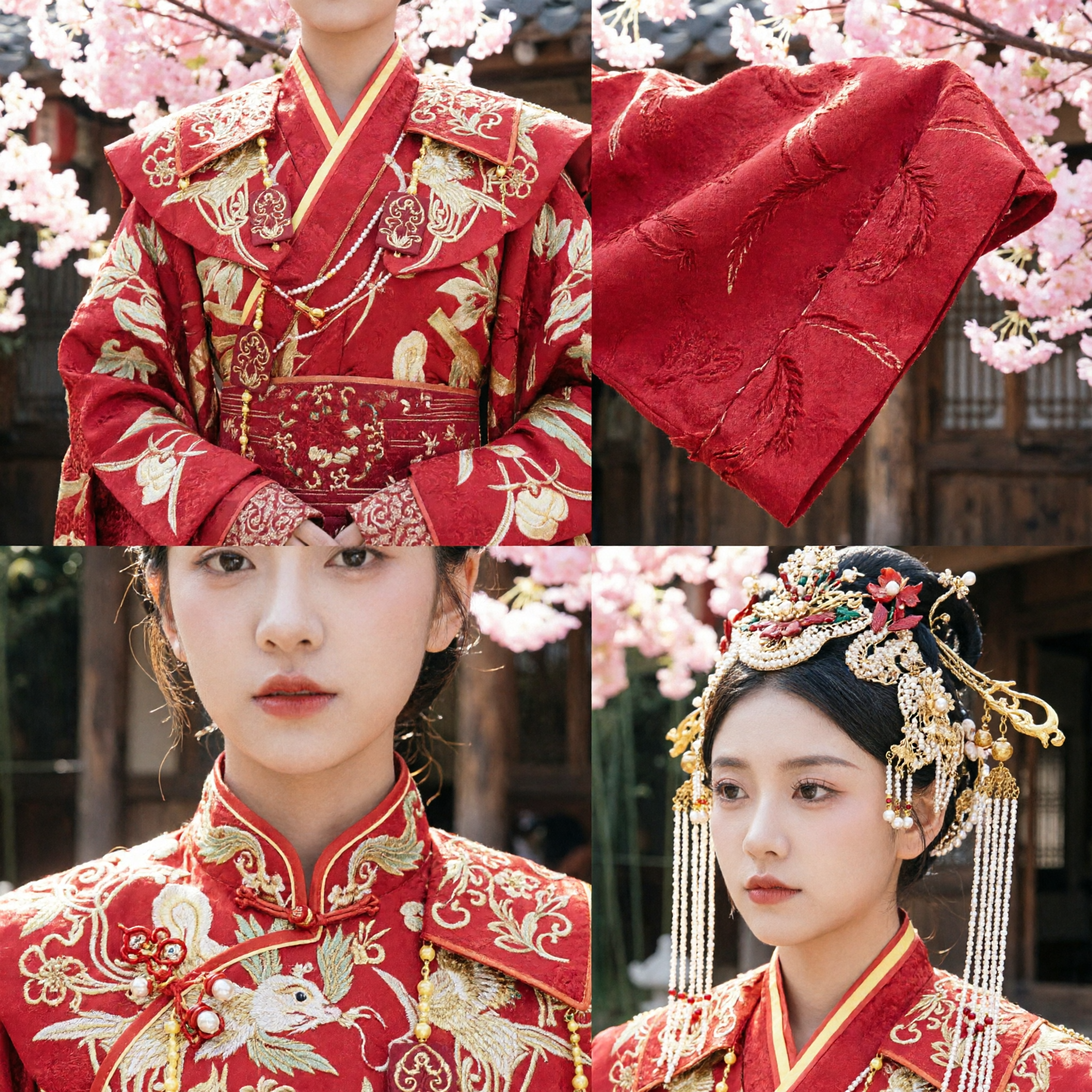 Ancient Chinese Bride Wedding Hanfu Red Robe Gold Embroidery Traditional Costume with Veil for Women - Asian Costume