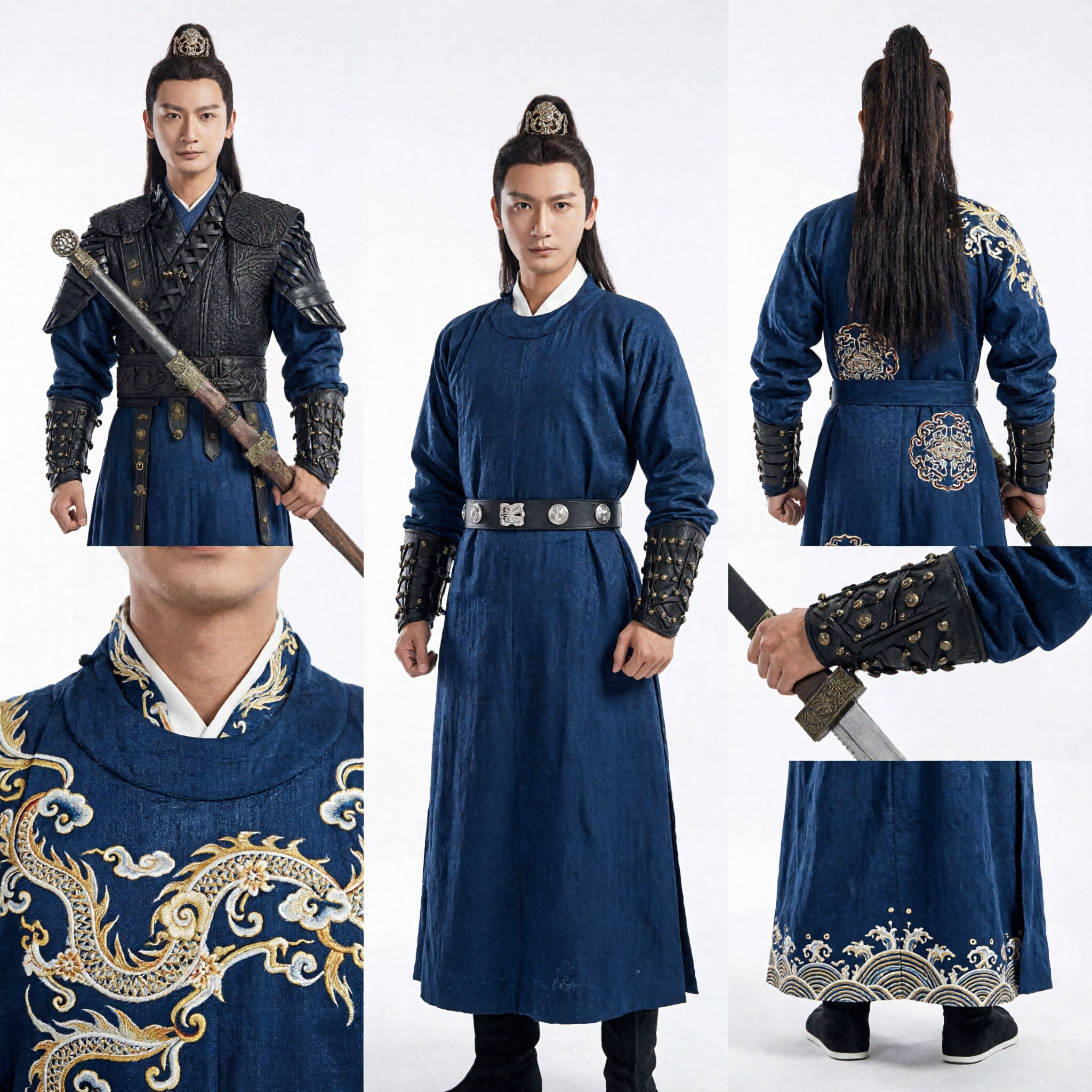 Ancient Chinese Swordsman Black Armor Costume Men Traditional Wuxia Warrior Hanfu for Cosplay Performance - Asian Costume