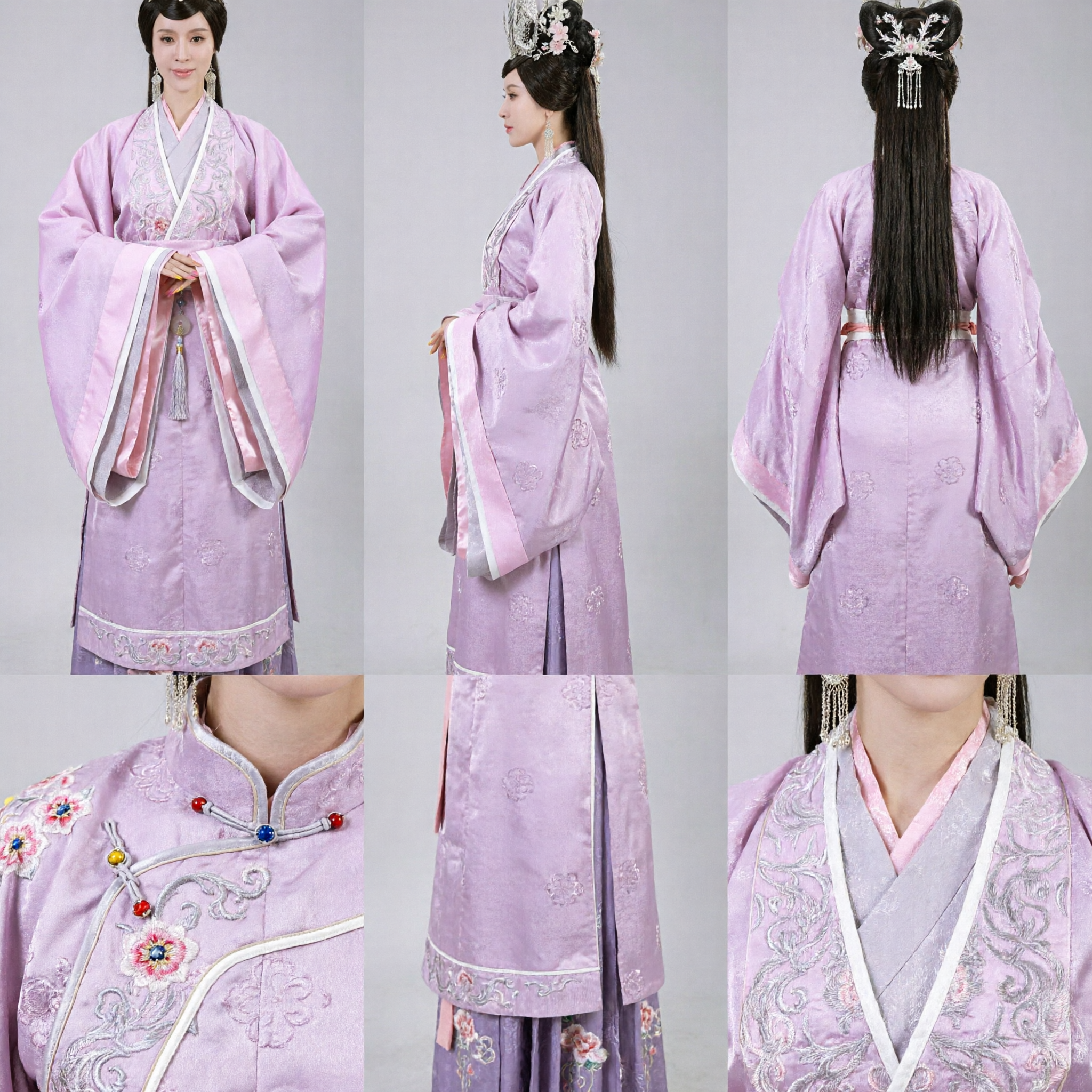Traditional Chinese Ancient Princess Pink Hanfu Costume Set with Silver Phoenix Headdress for Women Cosplay - Asian Costume