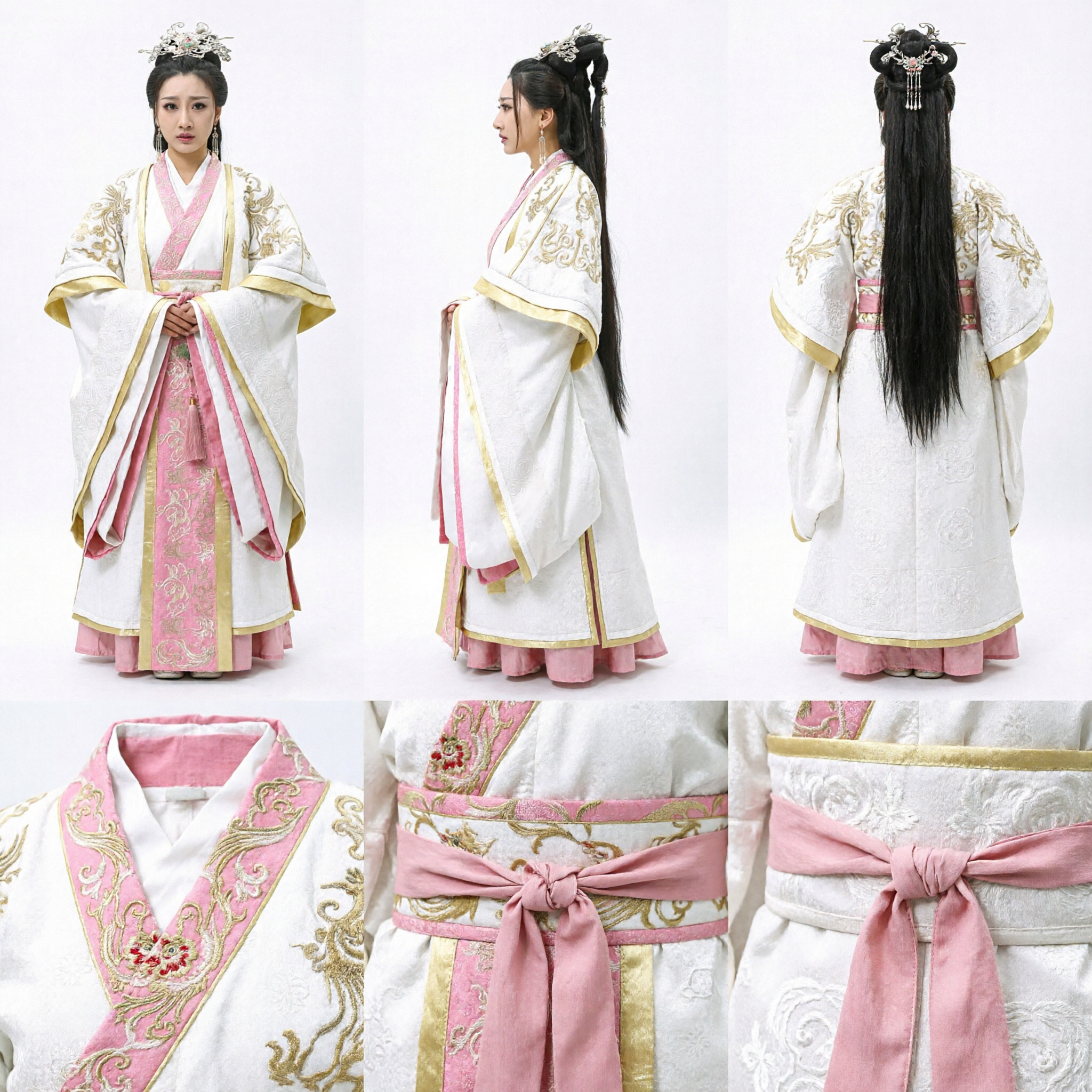 Ancient Chinese Palace Lady Costume White Hanfu Dress with Gold Embroidery for Women Cosplay Photography - Asian Costume