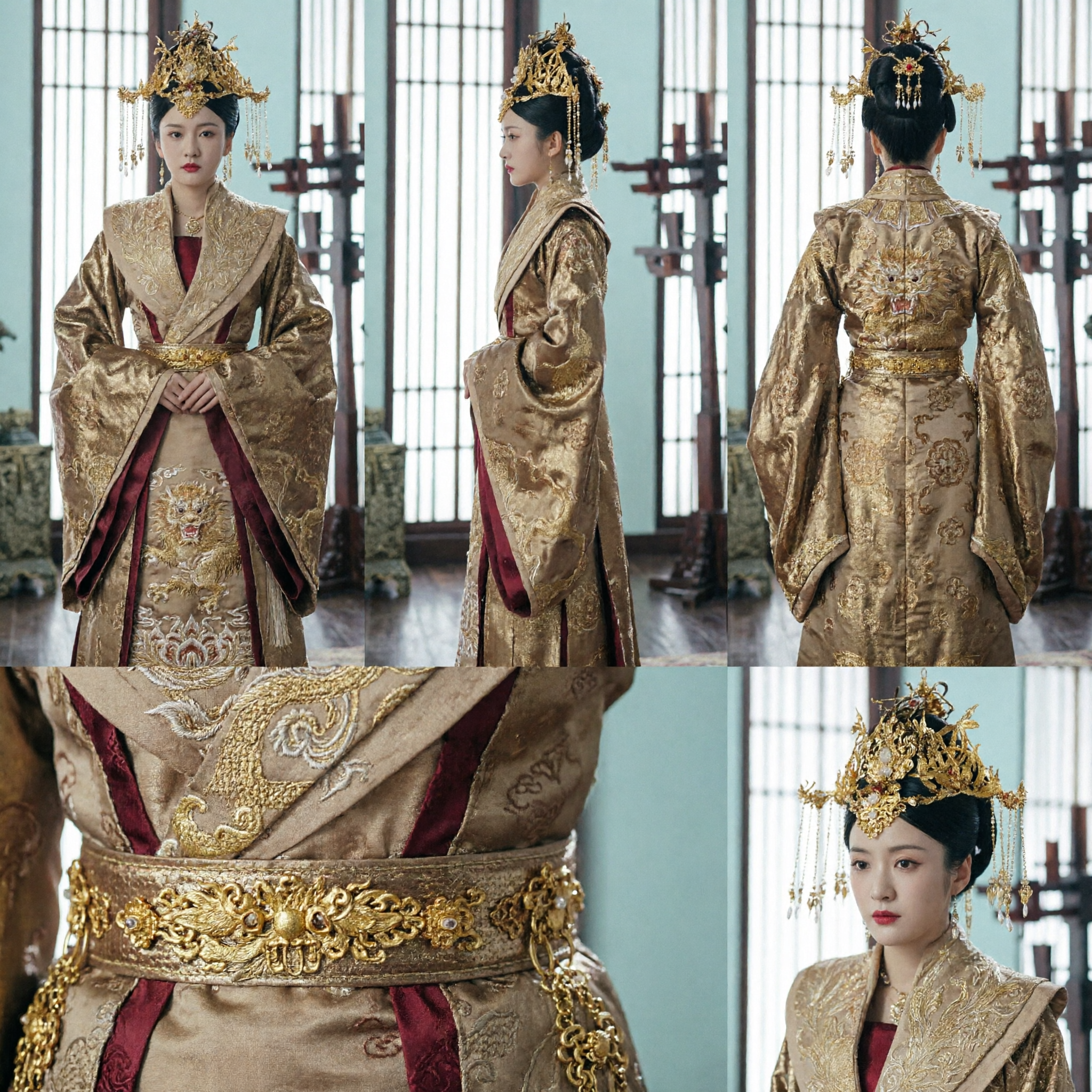 Traditional Chinese Ancient Empress Costume Golden Brocade Robe and Crown Set for Women Palace Drama Cosplay - Asian Costume
