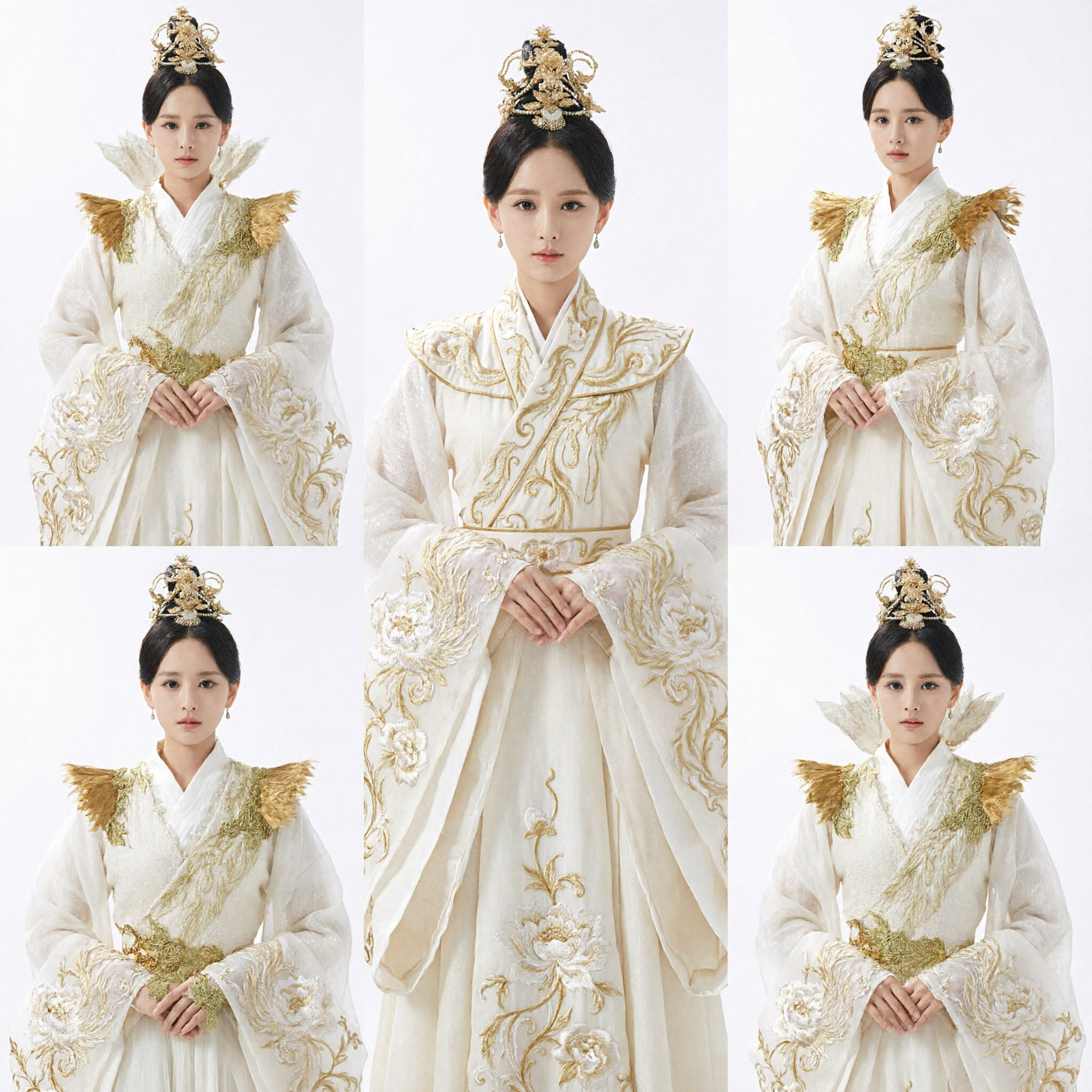 Elegant Ancient Chinese Fairy Hanfu Costume White and Gold Embroidered Dress with Headdress for Women - Asian Costume