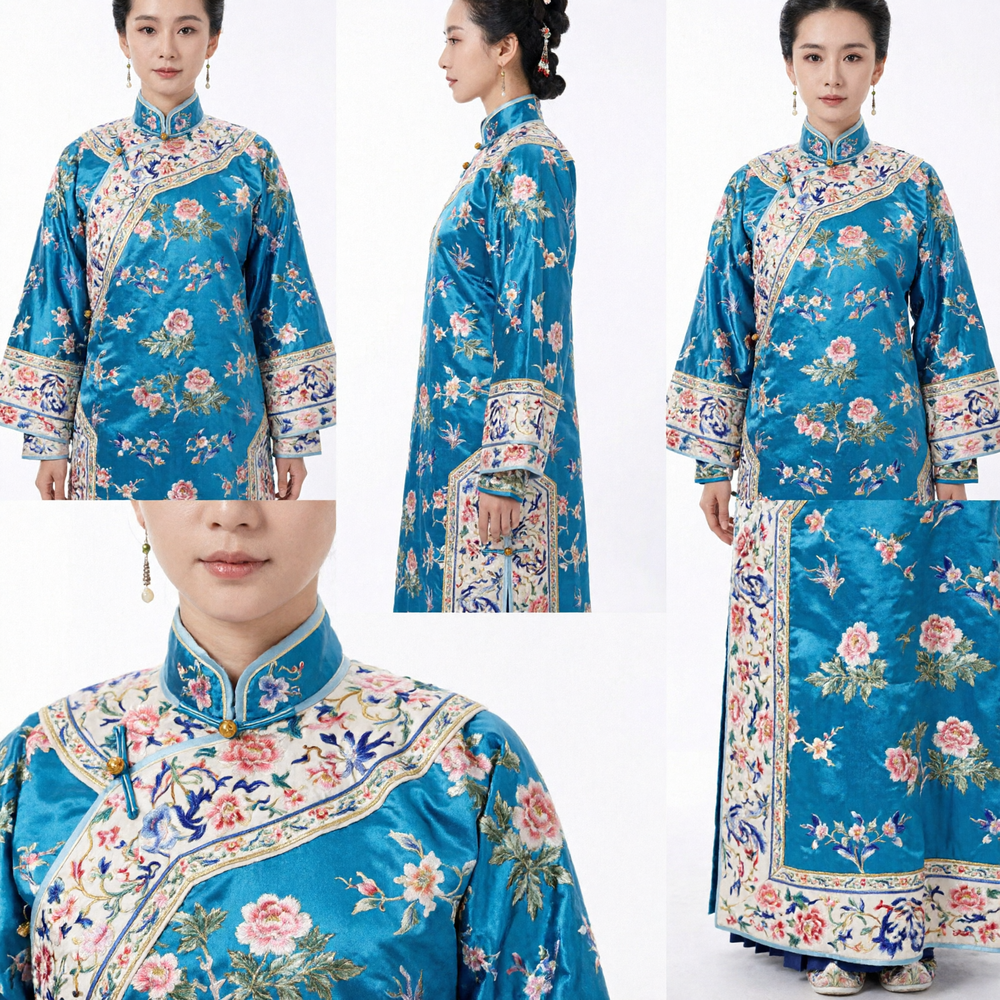 Traditional Chinese Qing Dynasty Empress Costume Blue Floral Embroidered Robe for Women Stage Performance Cosplay - Asian Costume