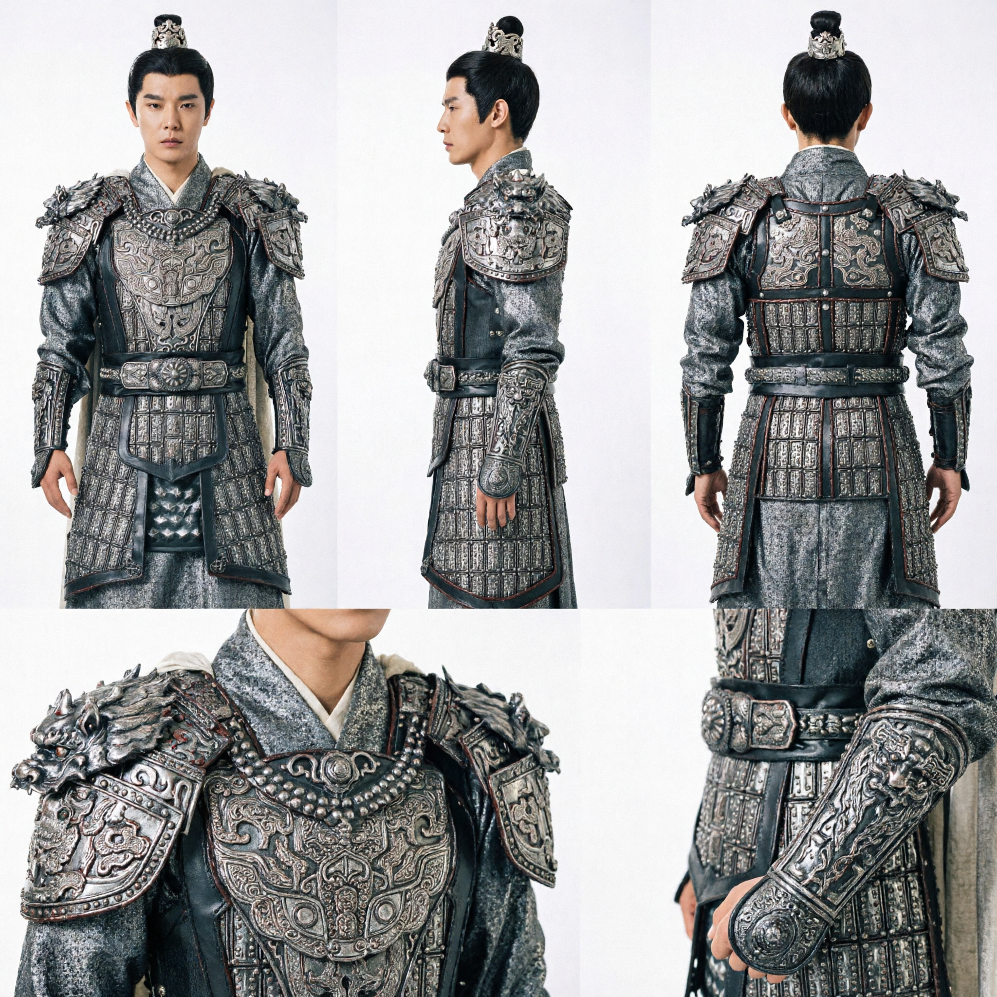 Men's Ancient Chinese General Silver Armor Costume Historical Warrior Cosplay Outfit for Drama Performance - Asian Costume