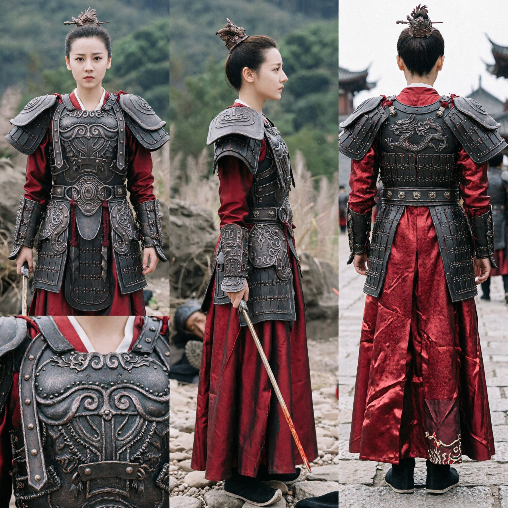 Ancient Chinese Female General Armor Costume Set with Red Hanfu Robe for Women Cosplay and Stage Performance - Asian Costume