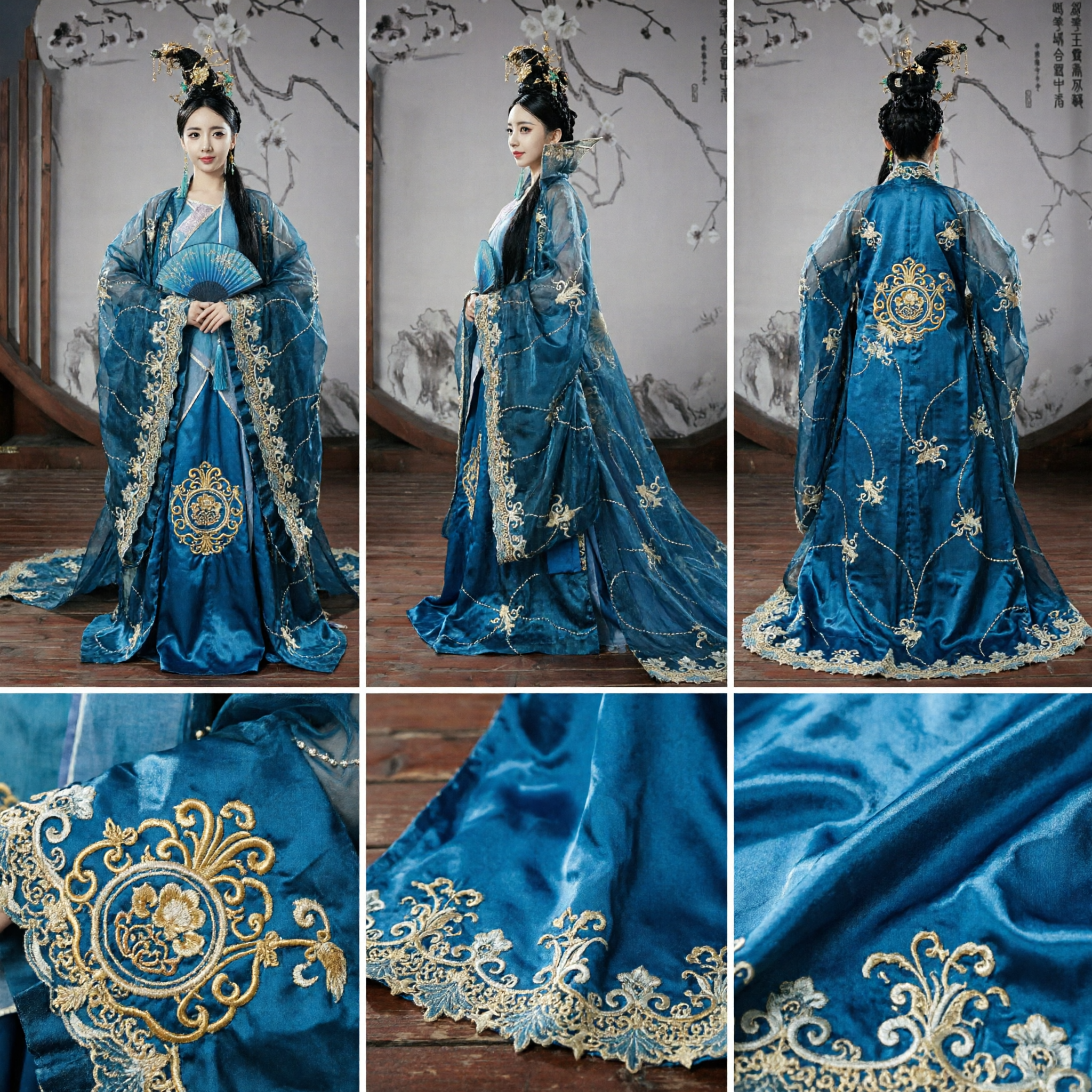 Elegant Blue Hanfu Ancient Chinese Princess Dress Long Train Embroidered Costume for Women Stage Performance - Asian Costume