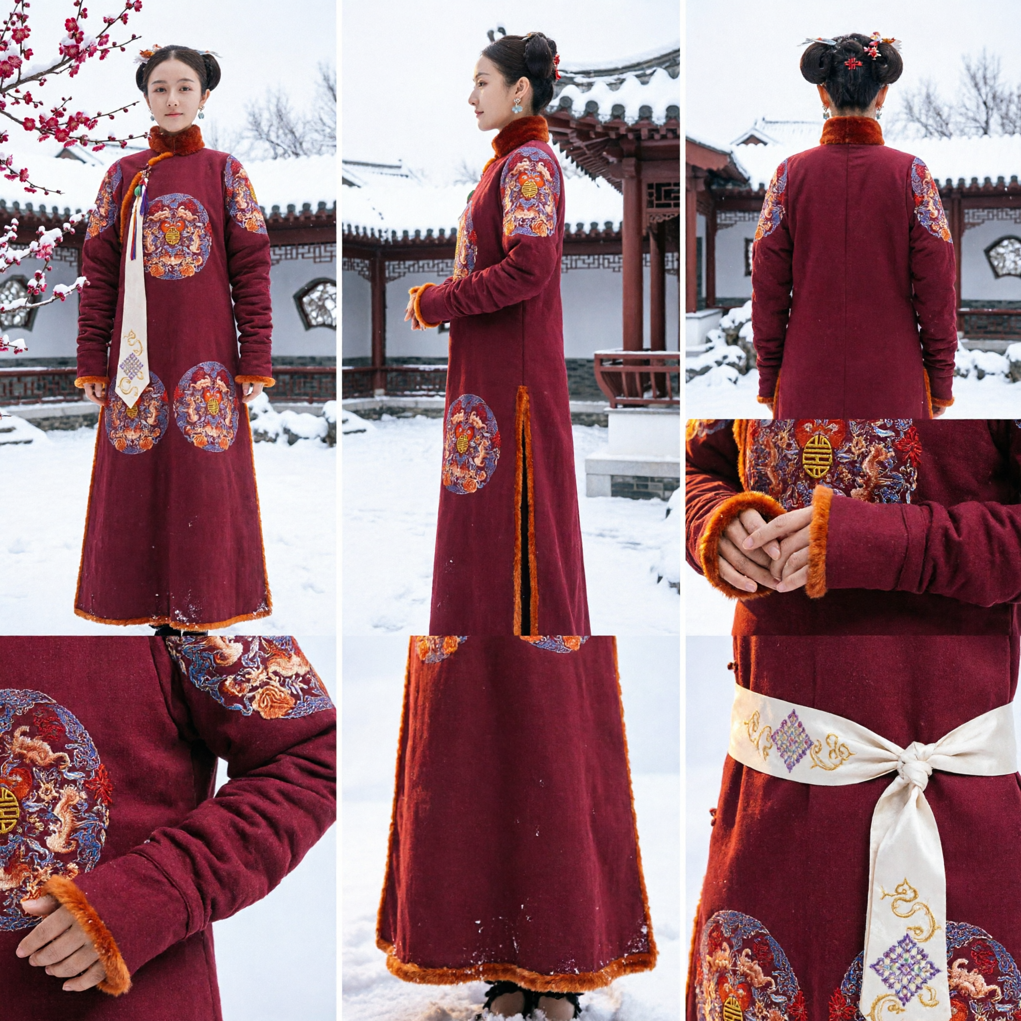Traditional Chinese Winter Robe Burgundy Embroidered Long Coat Qing Dynasty Style Hanfu for Women Festival - Asian Costume