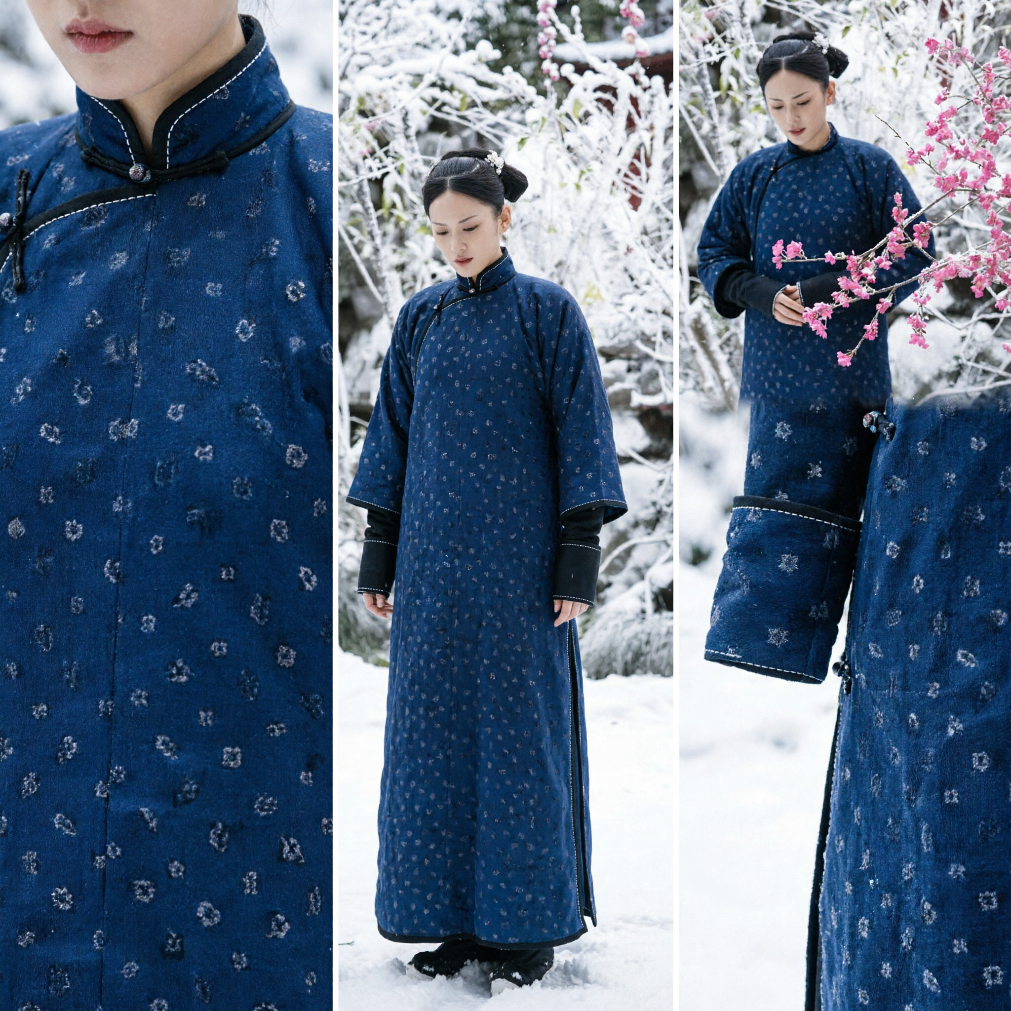 Traditional Chinese Qing Dynasty Winter Costume Dark Blue Long Gown Ancient Period Drama Clothing for Women - Asian Costume