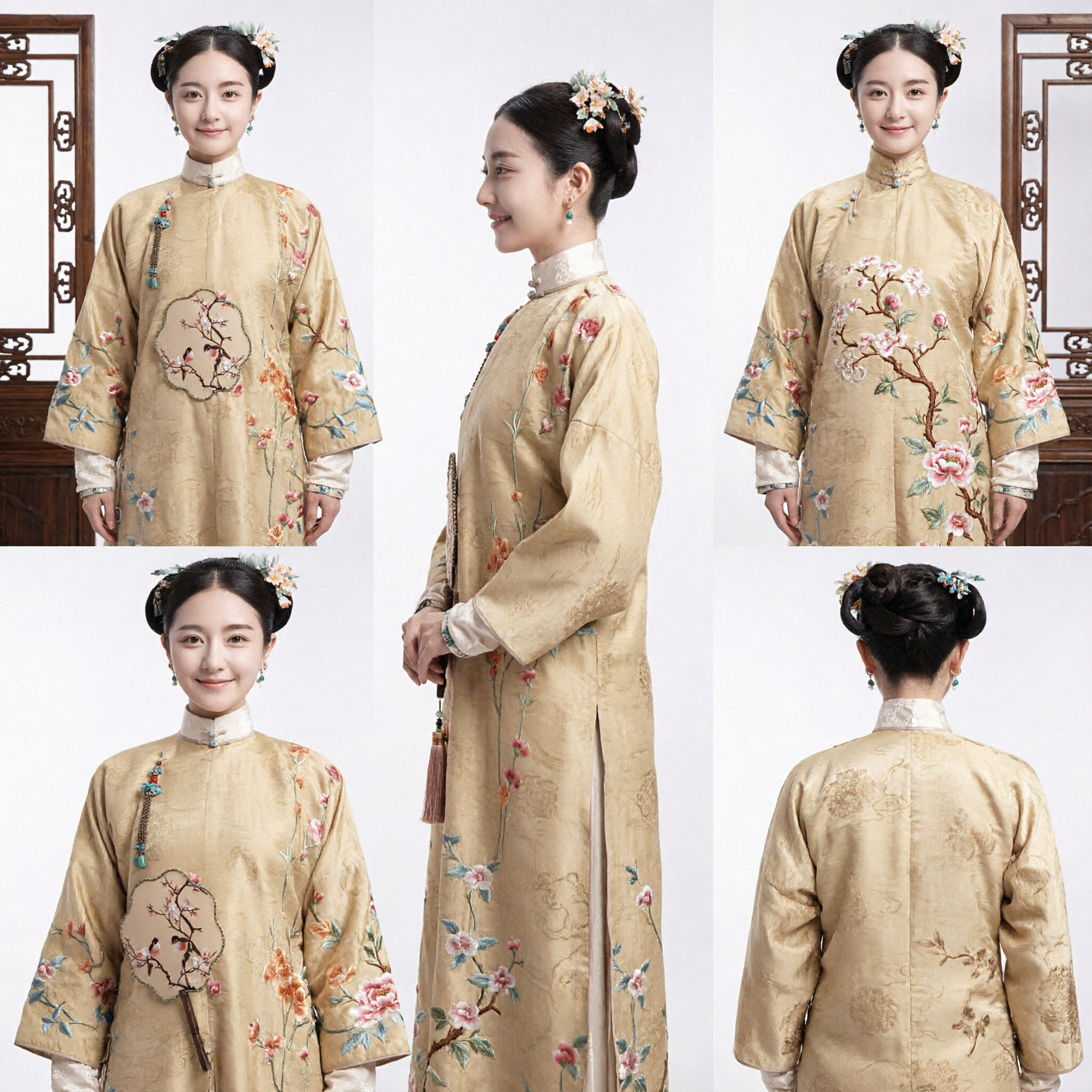 Ancient Chinese Qing Dynasty Embroidered Beige Robe Traditional Manchu Lady Costume Historical Cosplay Outfit for Women - Asian Costume
