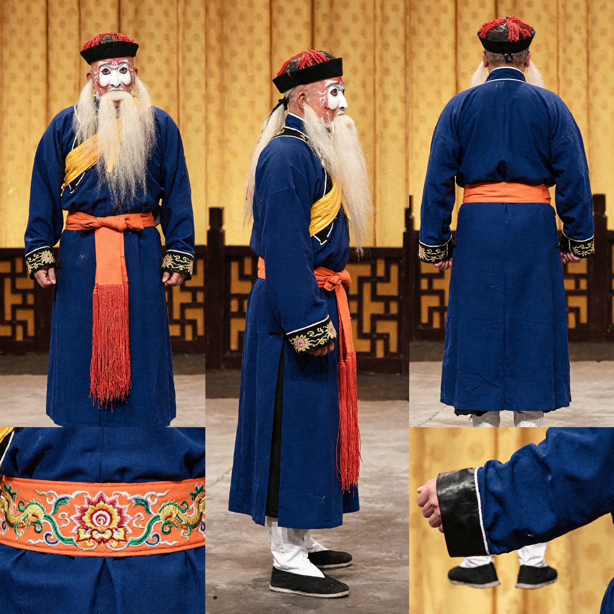 Traditional Chinese Beijing Opera Clown Costume Blue Robe Complete Set with Hat and Beard for Men Stage Performance - Asian Costume