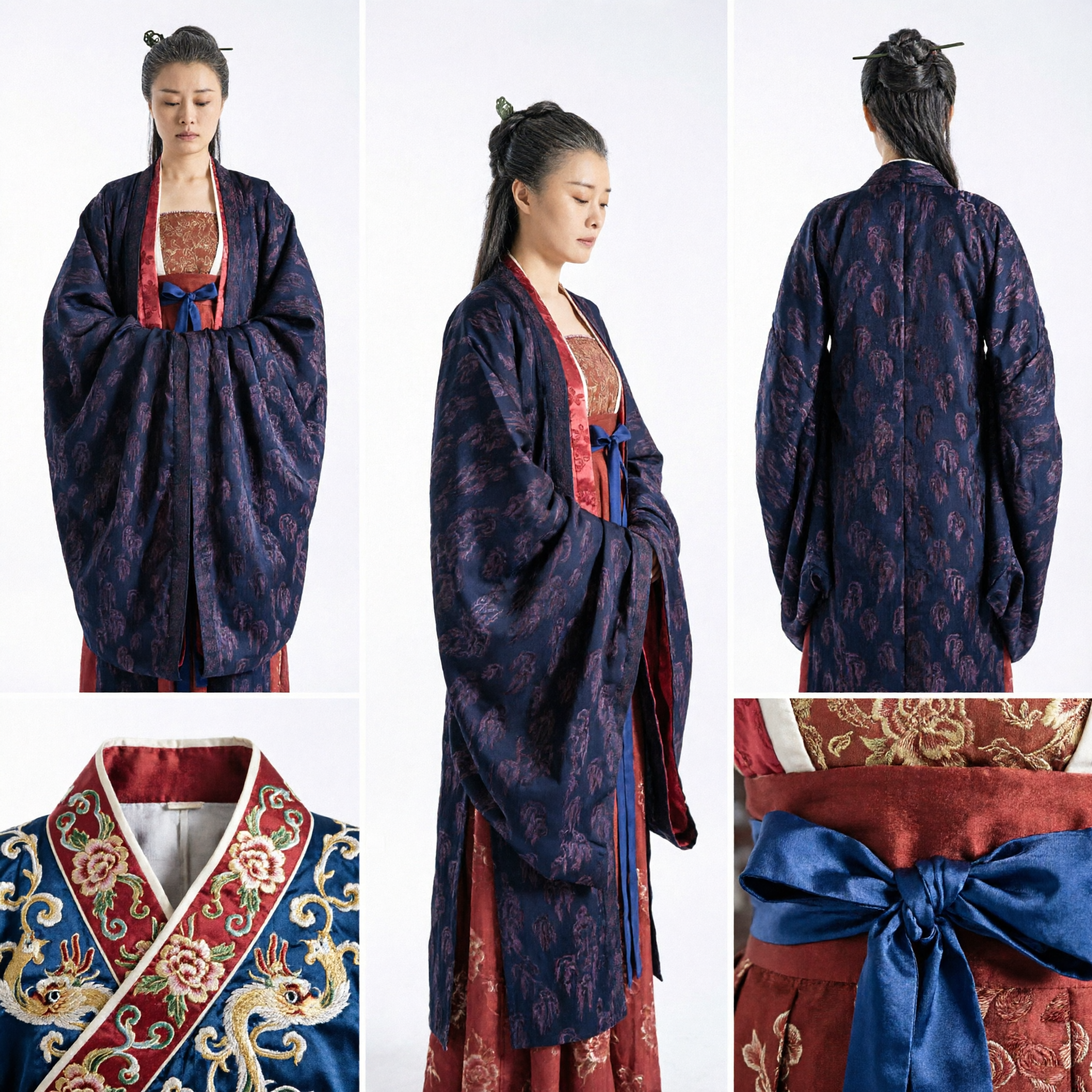 Elegant Ancient Chinese Women's Hanfu Traditional Dark Blue Robe Costume for Historical Cosplay and Drama - Asian Costume