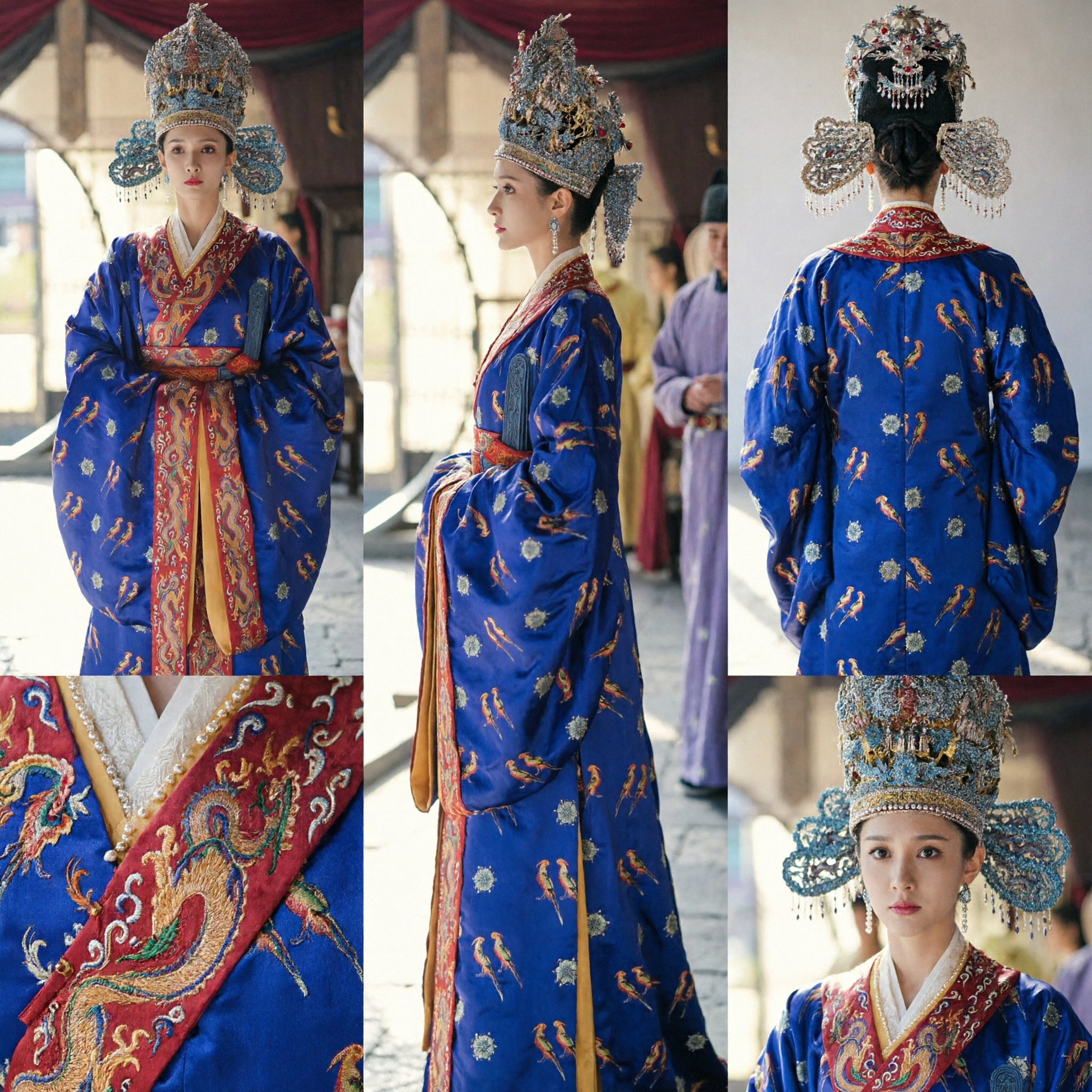 Traditional Chinese Ancient Empress Blue Embroidered Hanfu Costume with Phoenix Crown Set for Women Cosplay - Asian Costume