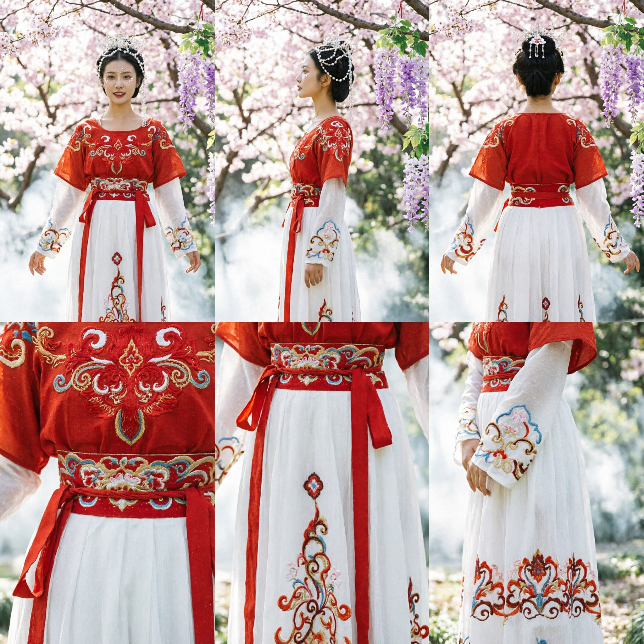 Elegant Red and White Tang Dynasty Hanfu Costume with Embroidery Traditional Chinese Fairy Dress for Women - Asian Costume