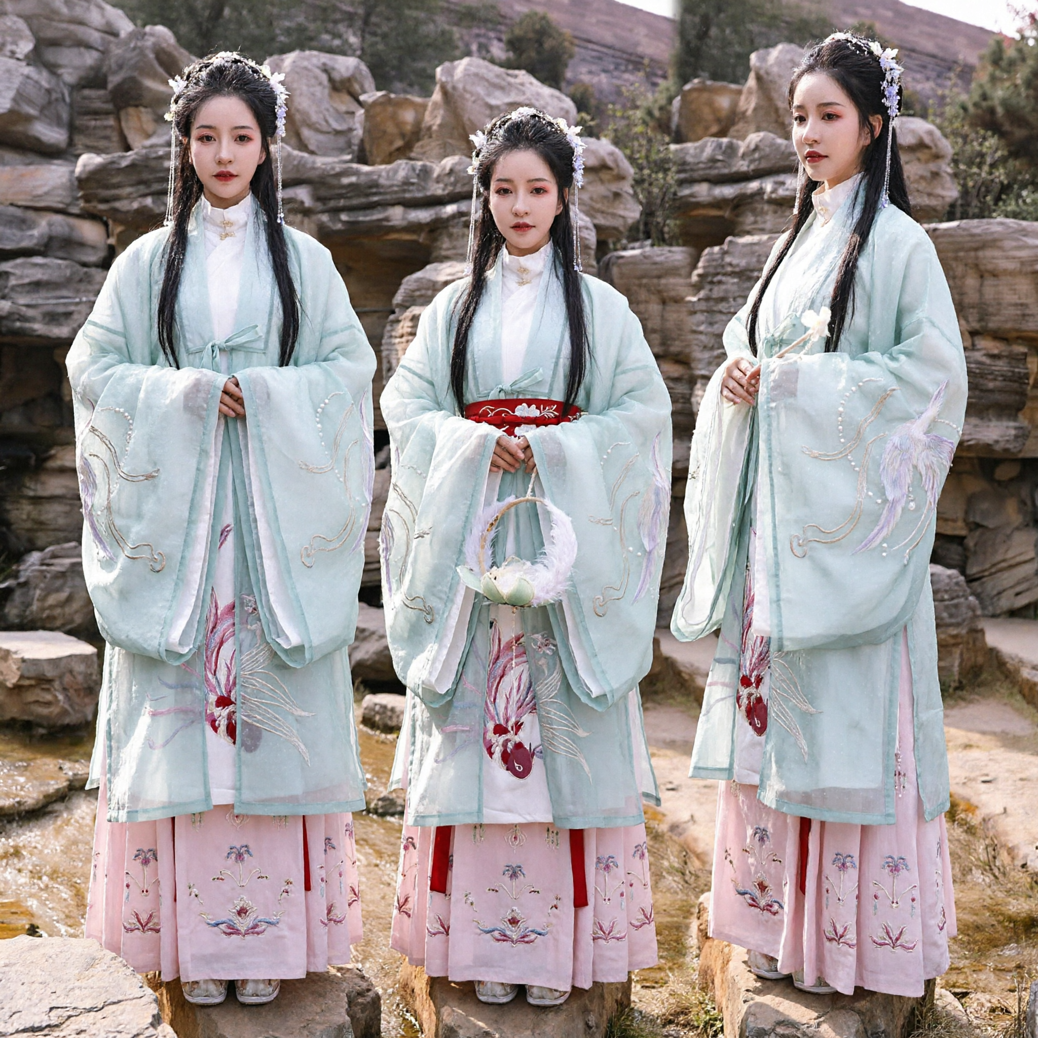 Elegant Ming Dynasty Hanfu Set for Women Embroidered Mint Green Outer Robe and Pink Pleated Skirt Traditional Costume - Asian Costume