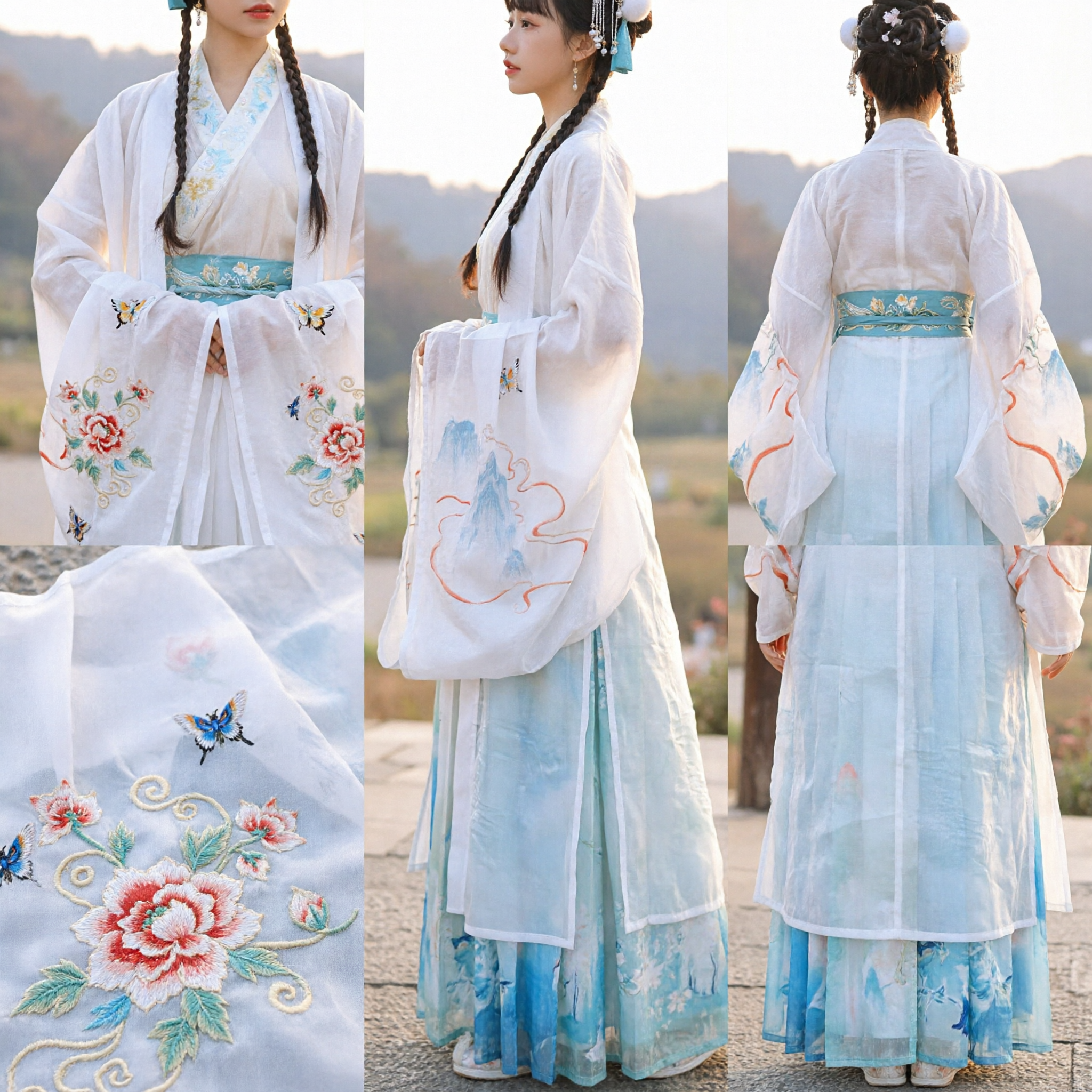Elegant White and Blue Traditional Chinese Hanfu Ancient Costume Fairy Dress for Women Photography - Asian Costume