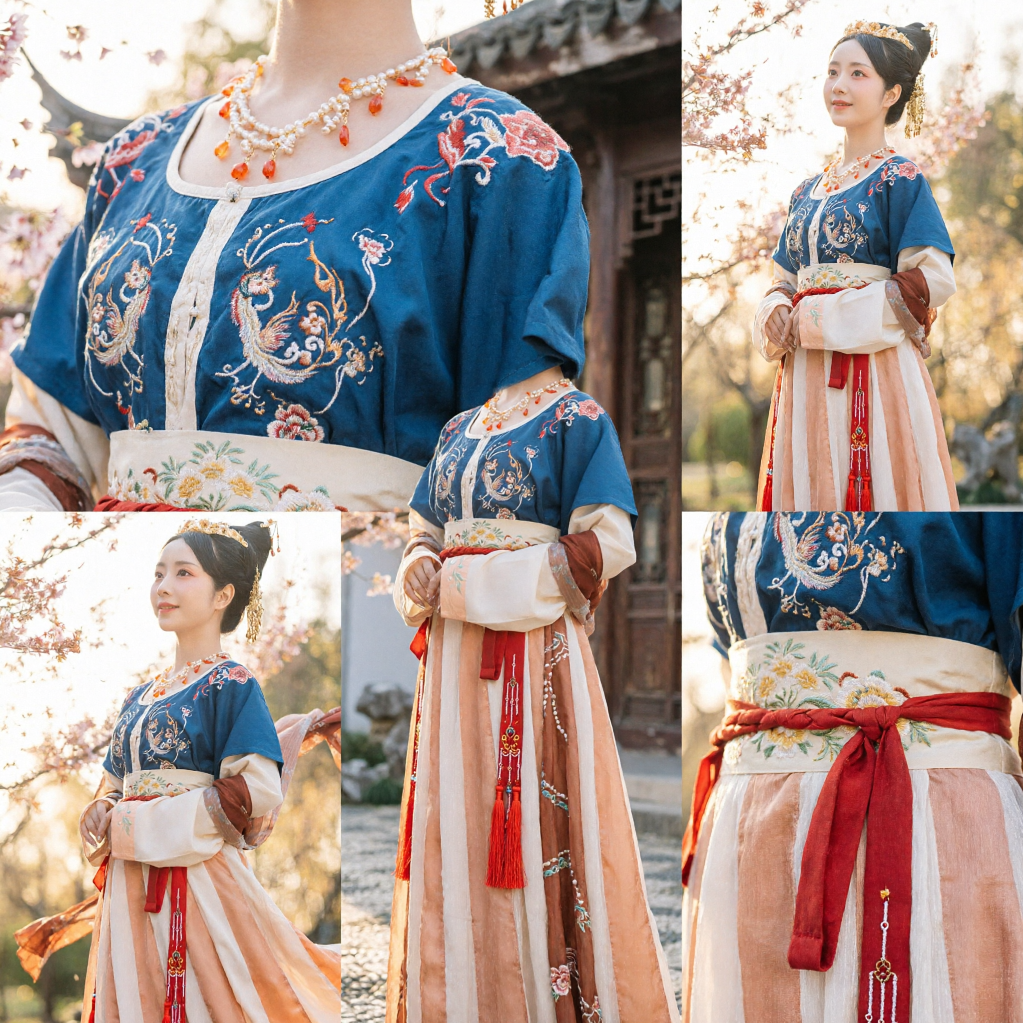Traditional Chinese Hanfu Tang Dynasty Ruqun Dress Blue Embroidered Top and Gradient Skirt Ancient Princess Costume for Women - Asian Costume