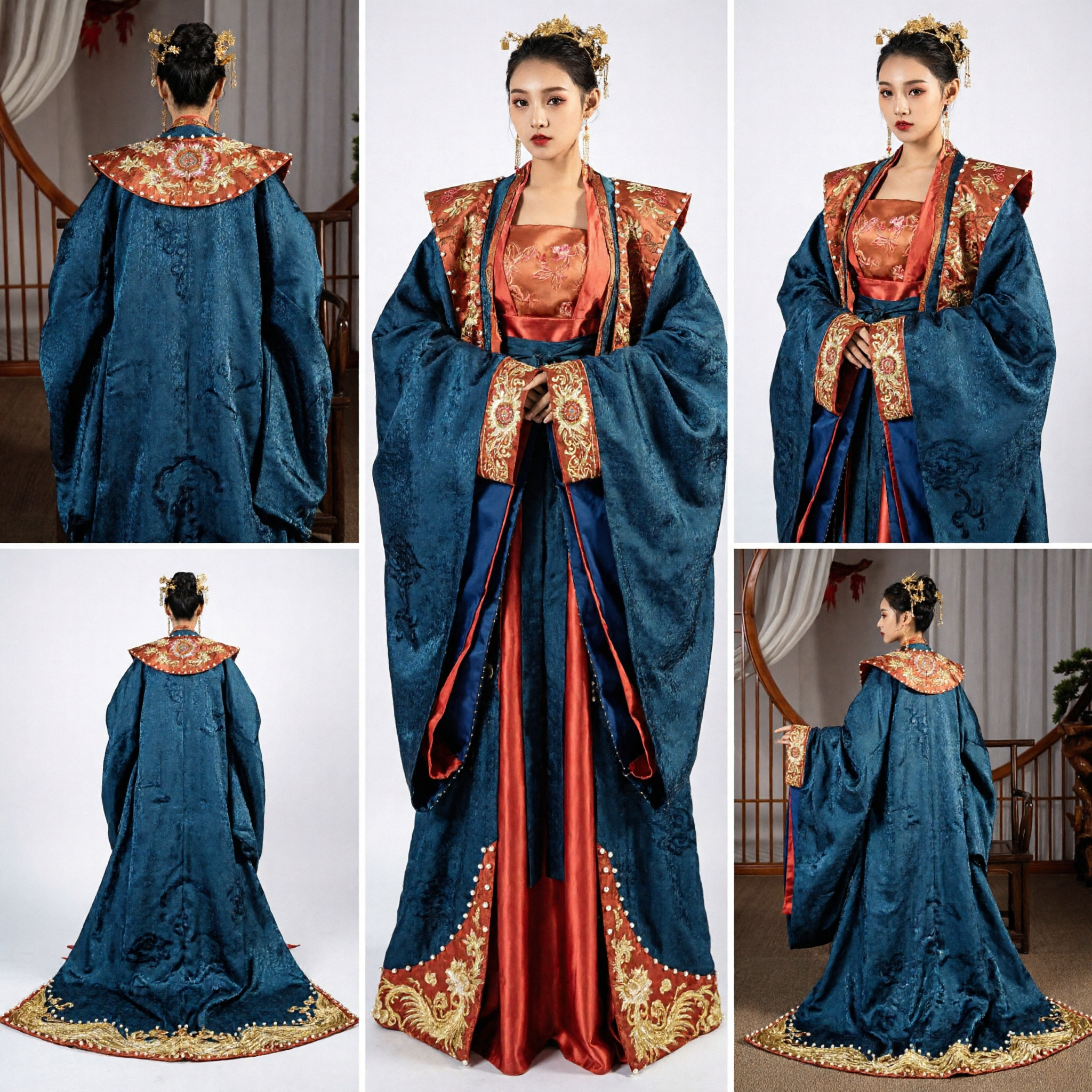 Ancient Chinese Princess Hanfu Traditional Tang Dynasty Wedding Dress Embroidered Blue Robe Red Skirt for Women - Asian Costume
