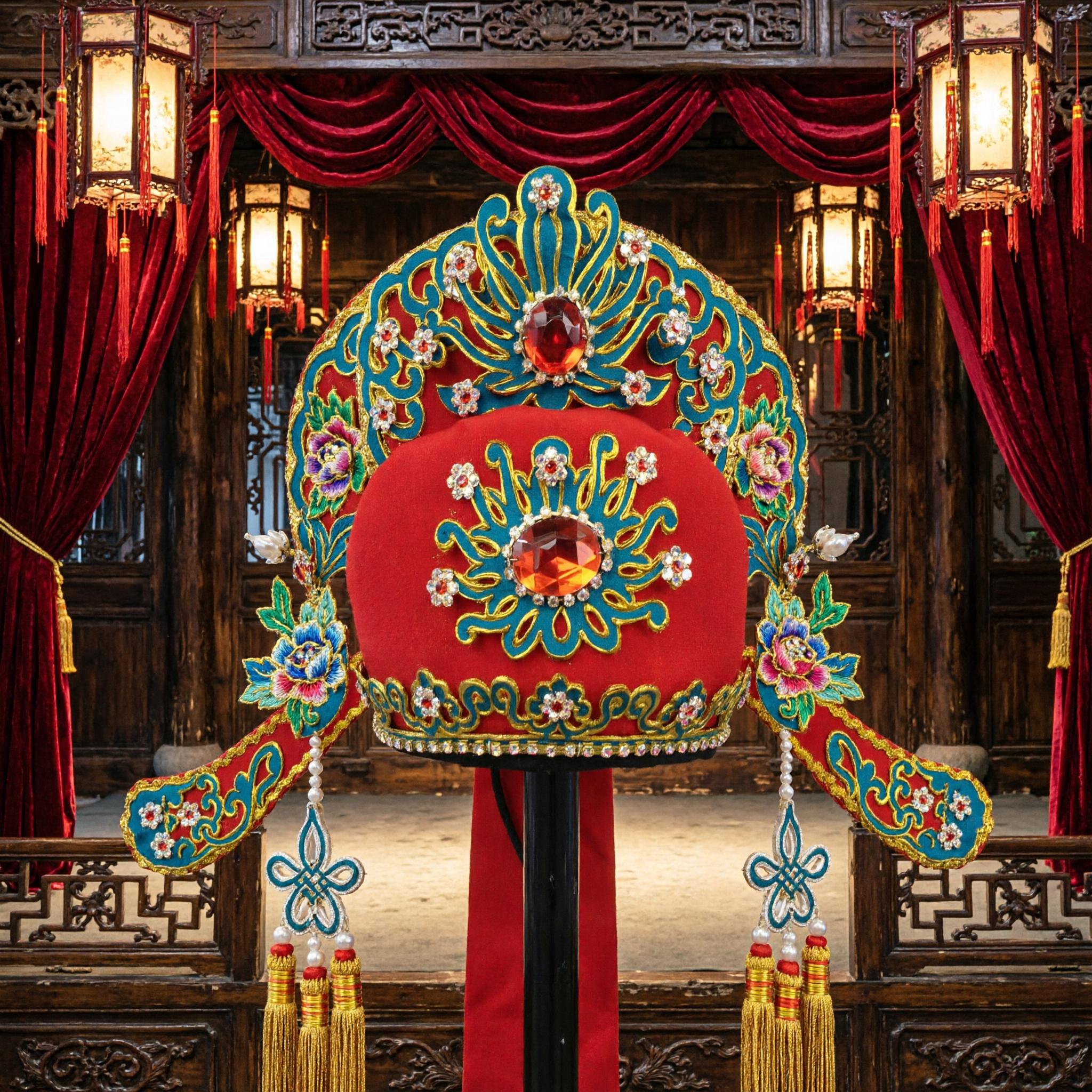 Traditional Chinese Peking Opera Red Scholar Hat Ancient Wedding Groom Headwear Embroidered Costume Accessory - Asian Costume