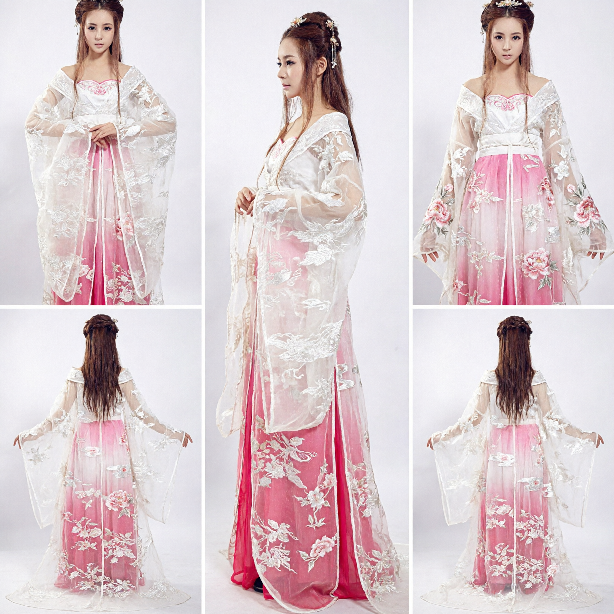 Elegant Ancient Chinese Hanfu Fairy Dress Pink Gradient Skirt White Floral Cloak Traditional Costume for Women Performance - Asian Costume