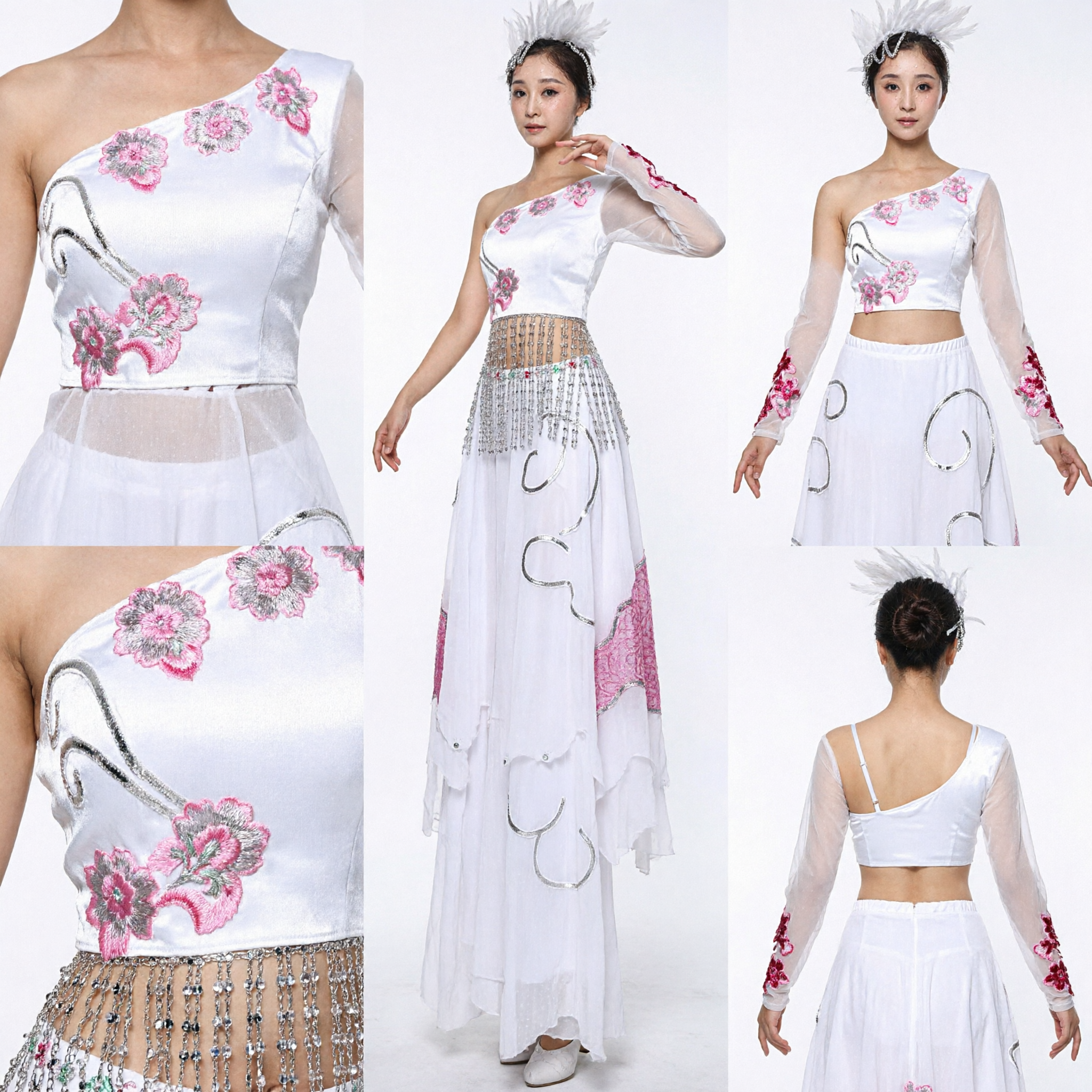 Elegant White Chinese Folk Dance Costume for Women Traditional Stage Performance Dress with Floral Embroidery - Asian Costume
