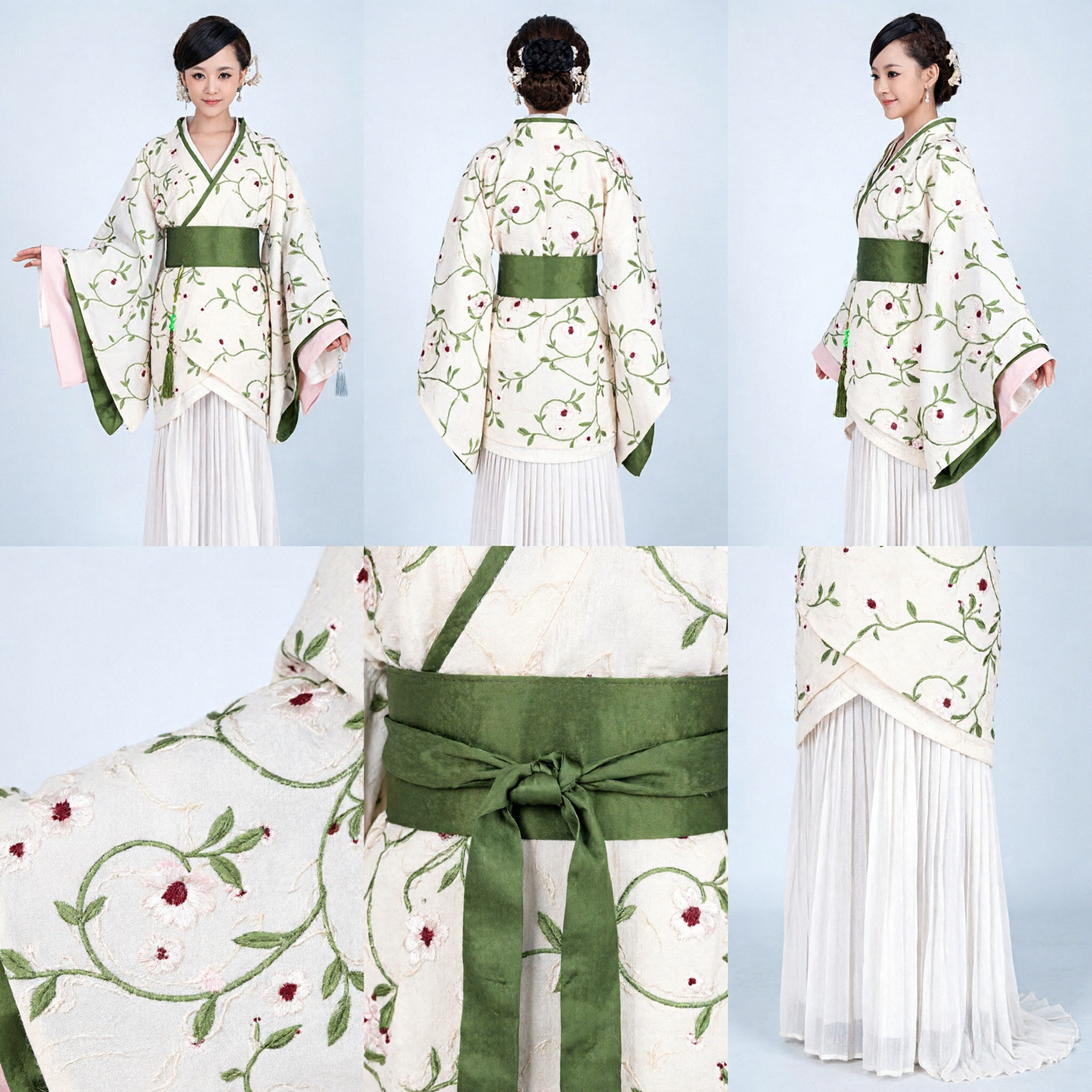 Elegant Traditional Chinese Hanfu Women Green Floral Embroidered Wide Sleeve Robe for Performance and Cosplay - Asian Costume