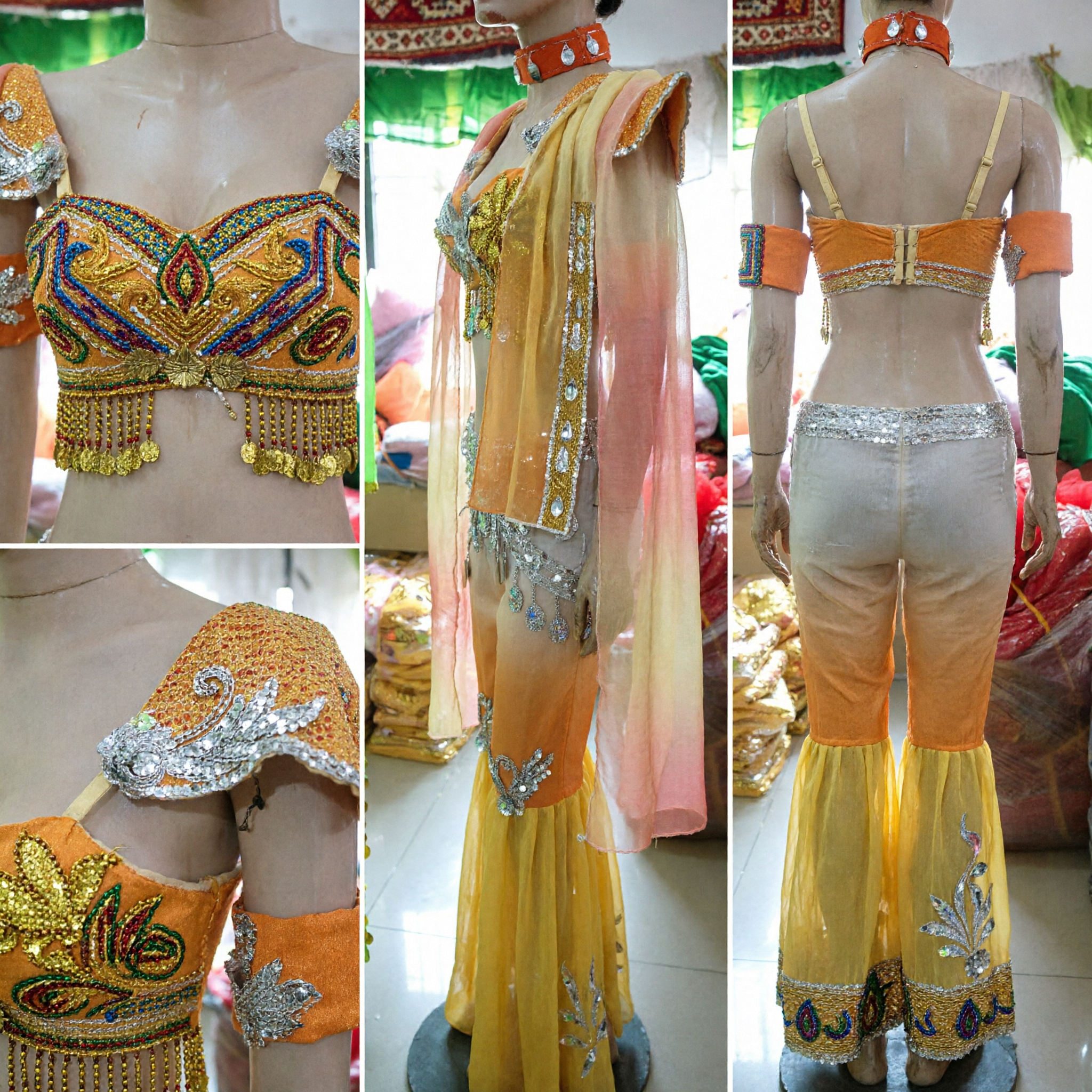 Professional Yellow Ombre Belly Dance Costume Set Sequined Bra Belt Pants Stage Performance Outfit - Asian Costume