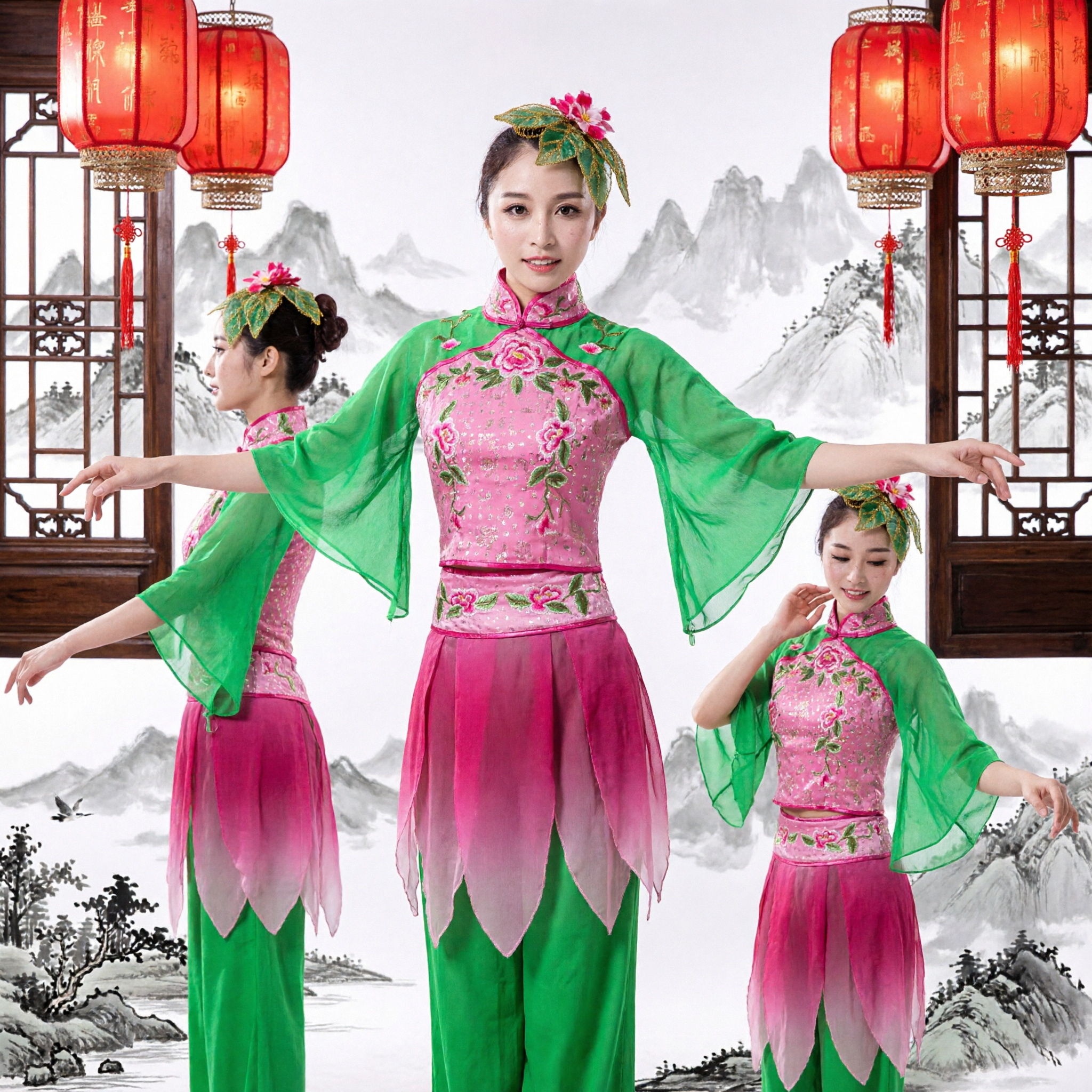 Traditional Chinese Folk Dance Costume Green Pink Floral Yangge Fan Dance Performance Outfit for Women - Asian Costume