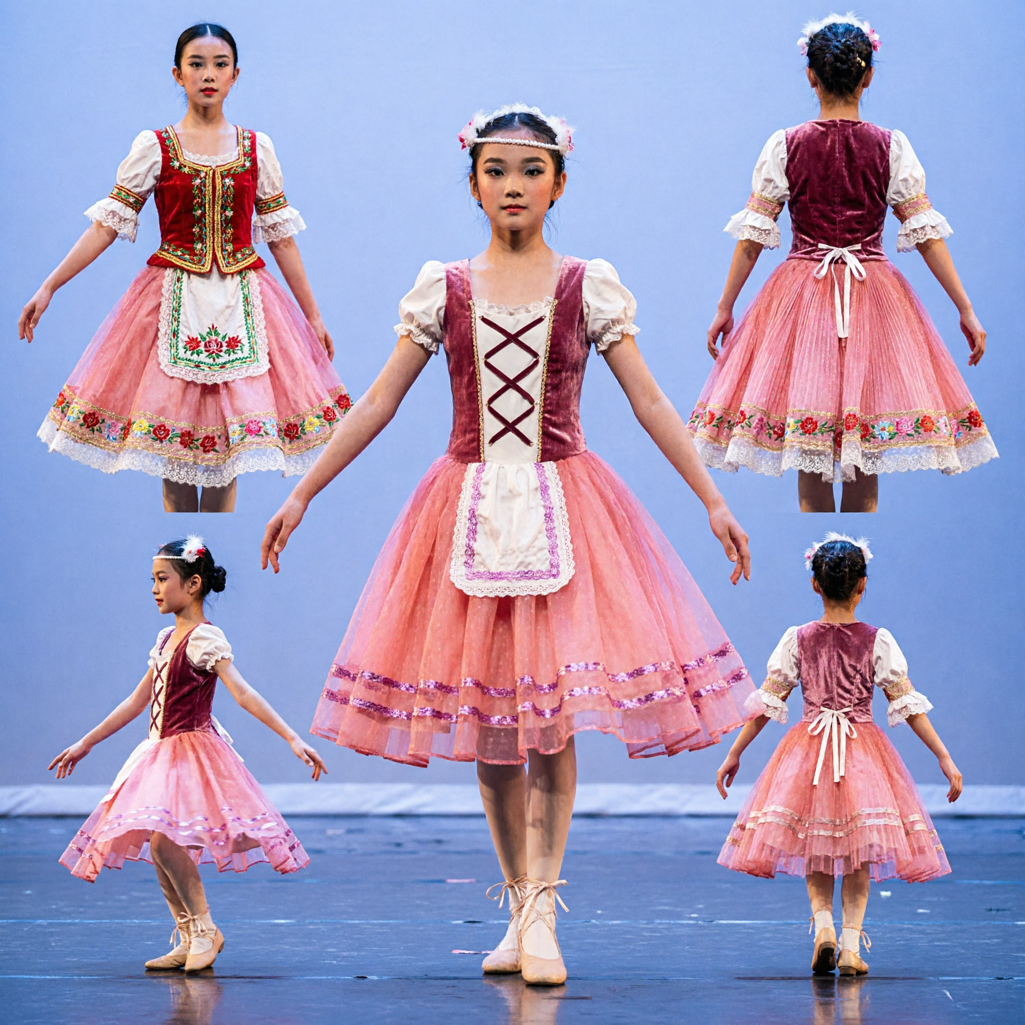 Girls Pink Tulle Folk Dance Costume Red Bodice Stage Performance Outfit for Recital - Asian Costume