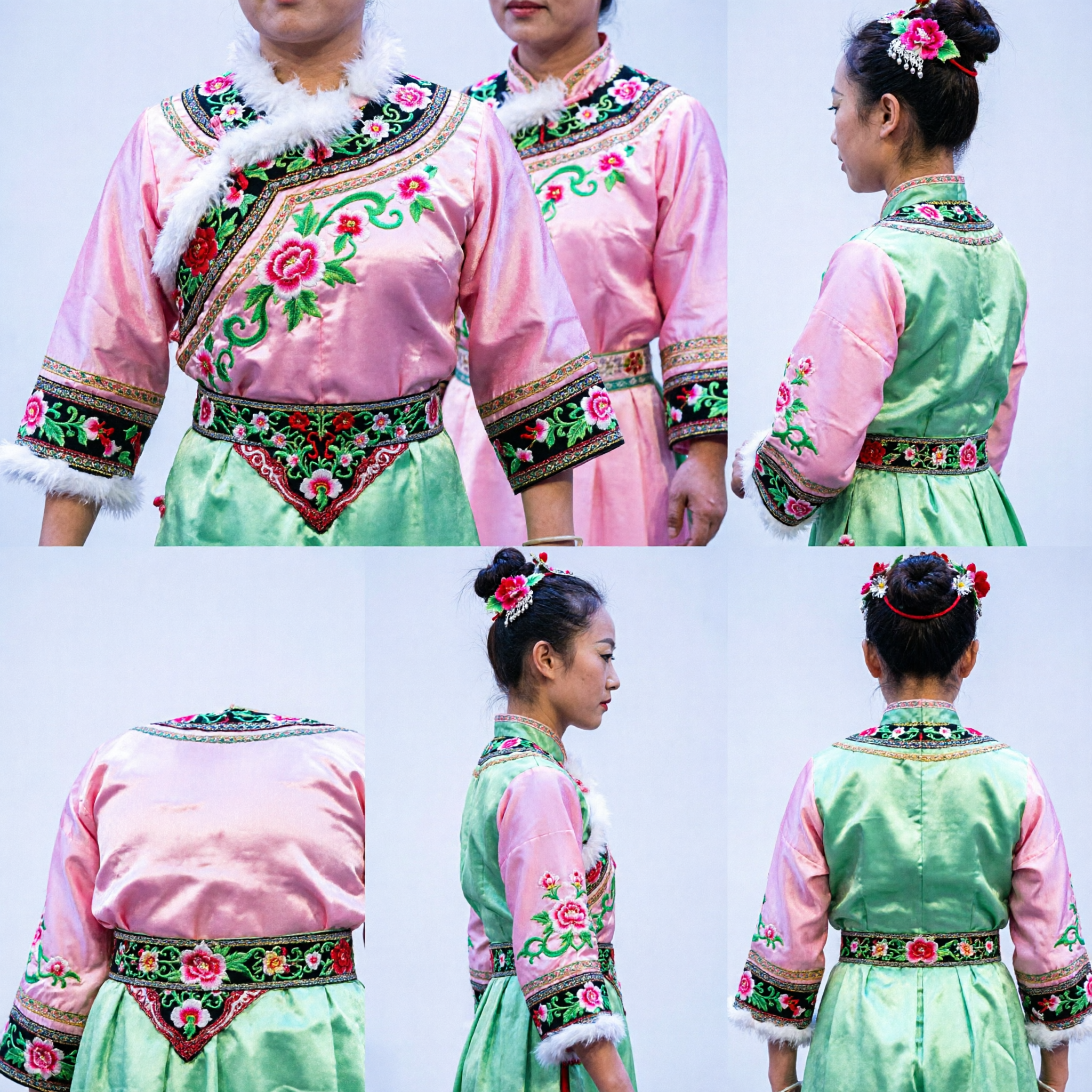 Kids Girls Traditional Chinese Folk Dance Costume Green Floral Dress with Flower Fan Props - Asian Costume