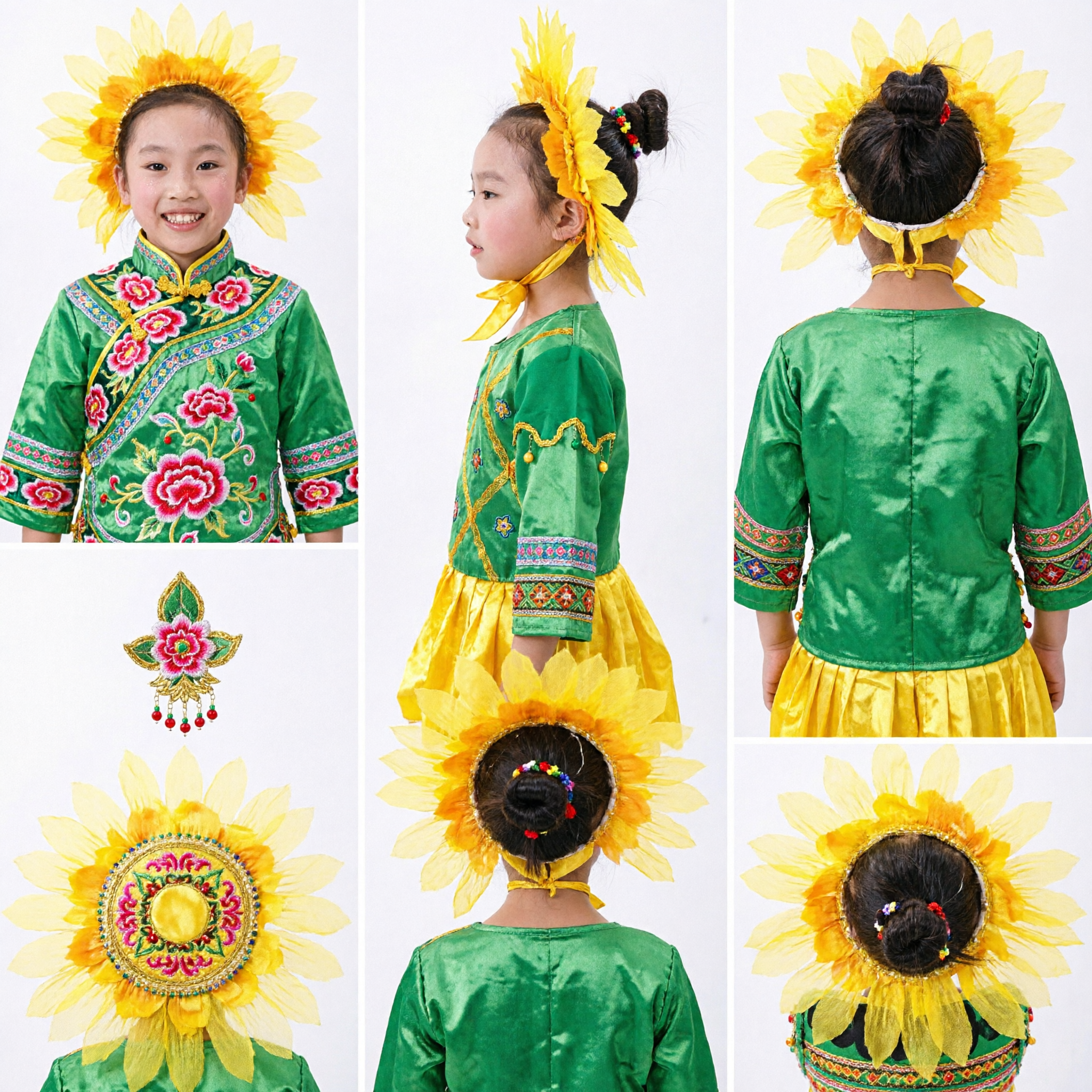 Kids Girls Sunflower Dance Costume Yellow Green Ruffled Stage Performance Outfit for Kindergarten Show - Asian Costume