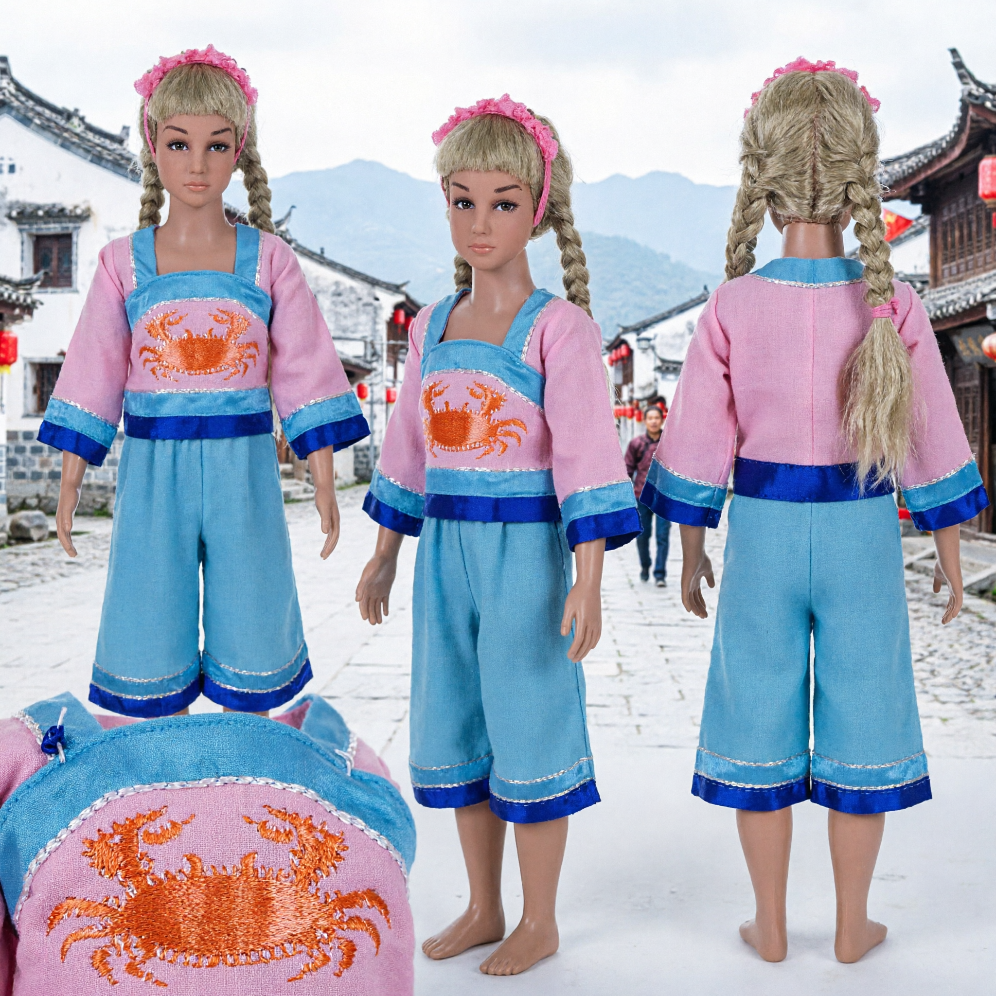 Chinese Folk Dance Crab Fisherwoman Costume Pink Blue Stage Performance Outfit for Women Girls - Asian Costume