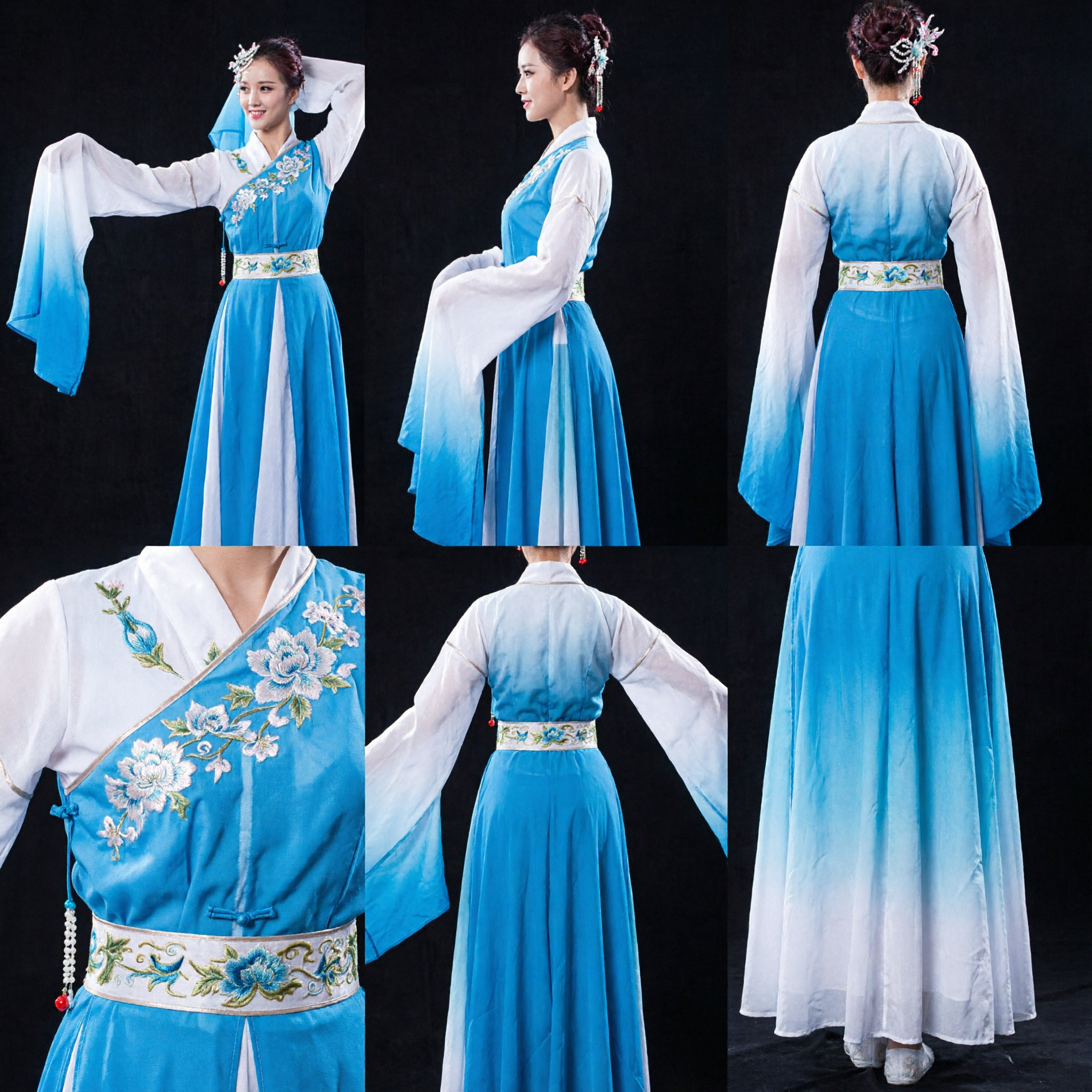 Women's Blue Chinese Classical Dance Costume with Long Water Sleeves for Folk Yangge Stage Performance - Asian Costume
